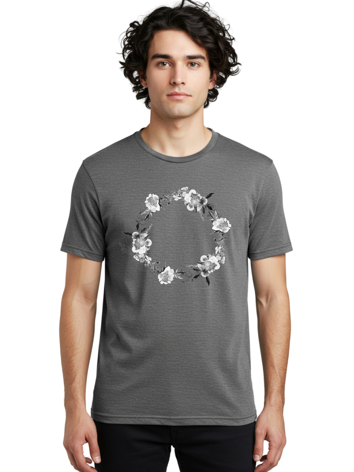 Floral-Wreath Men'S Graphic Tee, 100% Cotton, Comfortable Casual Summer Wear, Machine Washable, Floral Wreath, White Flowers, Black And White Flowers, Foliage, Leaves, Floral Arrangement, Circular Frame, Elegant Design, Delicate Petals, Aac311