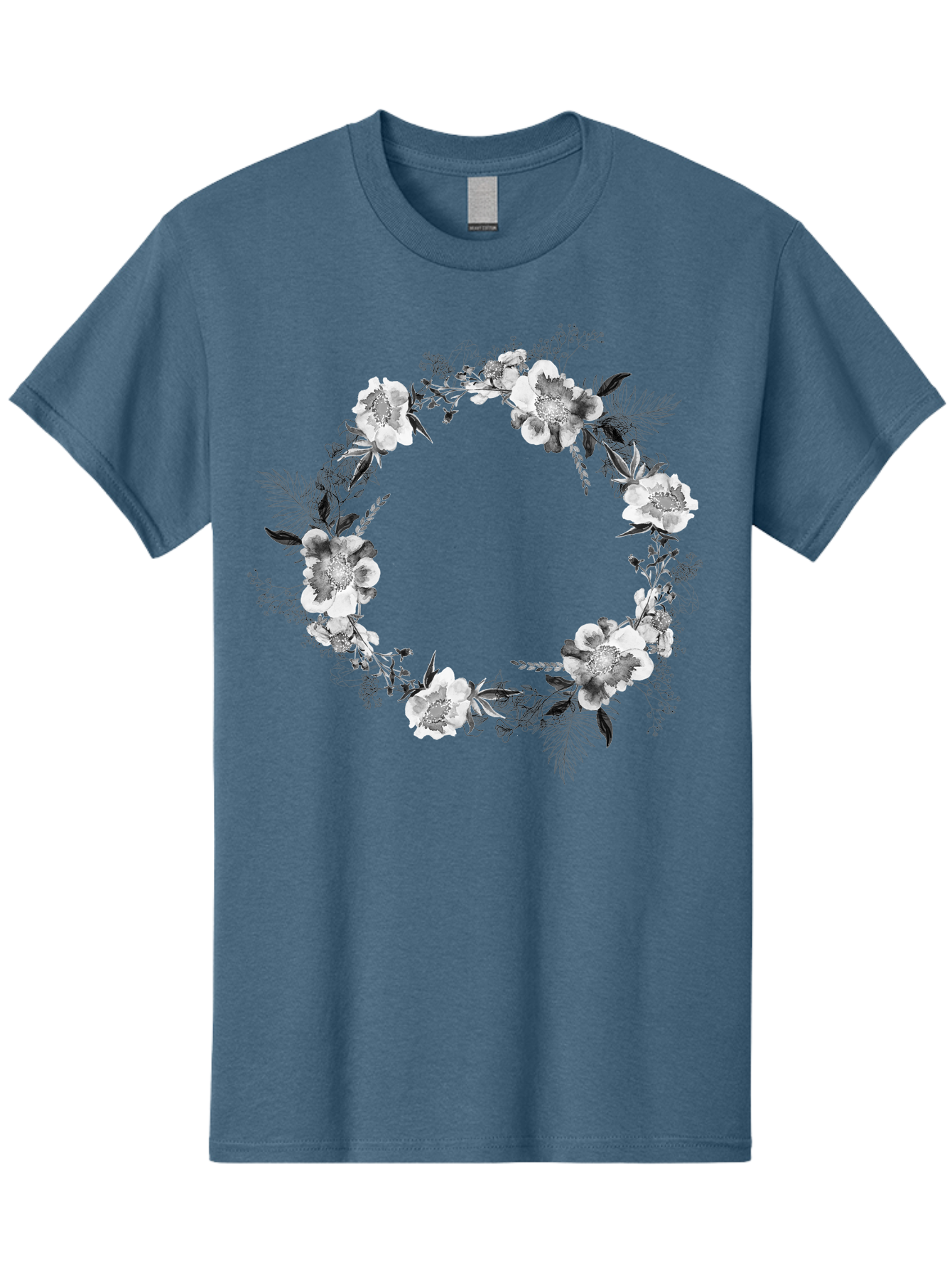 Floral-Wreath Men'S Graphic Tee, 100% Cotton, Comfortable Casual Summer Wear, Machine Washable, Floral Wreath, White Flowers, Black And White Flowers, Foliage, Leaves, Floral Arrangement, Circular Frame, Elegant Design, Delicate Petals, Aac311