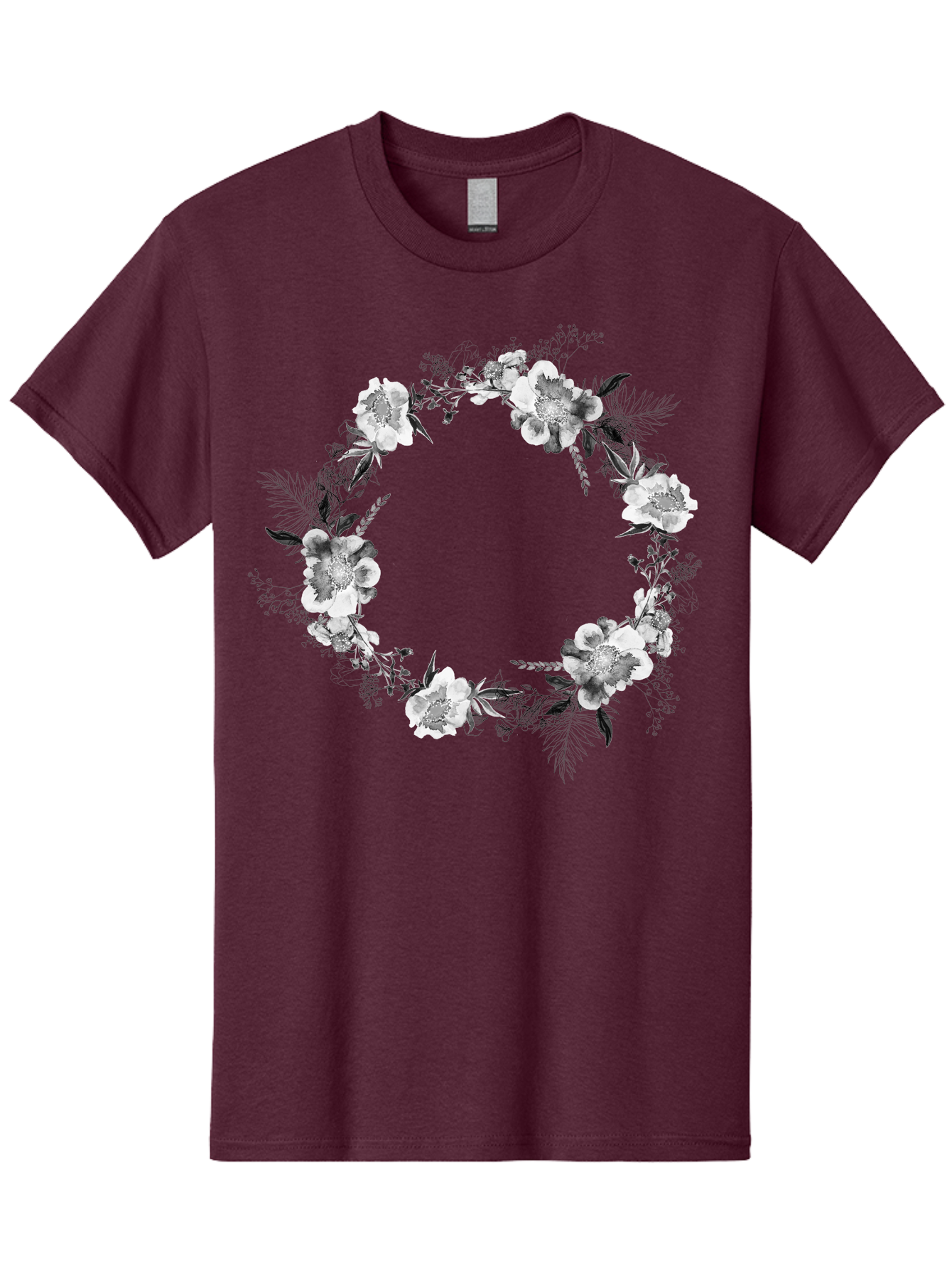 Floral-Wreath Men'S Graphic Tee, 100% Cotton, Comfortable Casual Summer Wear, Machine Washable, Floral Wreath, White Flowers, Black And White Flowers, Foliage, Leaves, Floral Arrangement, Circular Frame, Elegant Design, Delicate Petals, Aac311