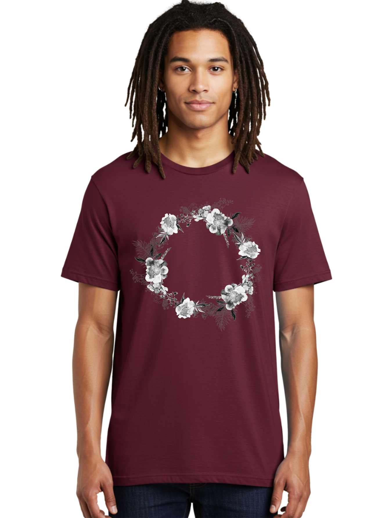 Floral-Wreath Men'S Graphic Tee, 100% Cotton, Comfortable Casual Summer Wear, Machine Washable, Floral Wreath, White Flowers, Black And White Flowers, Foliage, Leaves, Floral Arrangement, Circular Frame, Elegant Design, Delicate Petals, Aac311