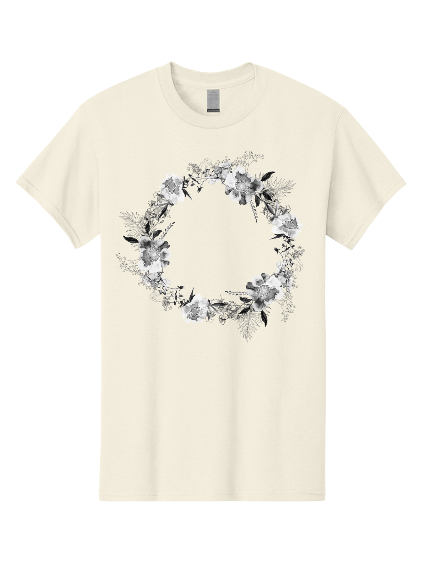 Floral-Wreath Men'S Graphic Tee, 100% Cotton, Comfortable Casual Summer Wear, Machine Washable, Floral Wreath, White Flowers, Black And White Flowers, Foliage, Leaves, Floral Arrangement, Circular Frame, Elegant Design, Delicate Petals, Aac311