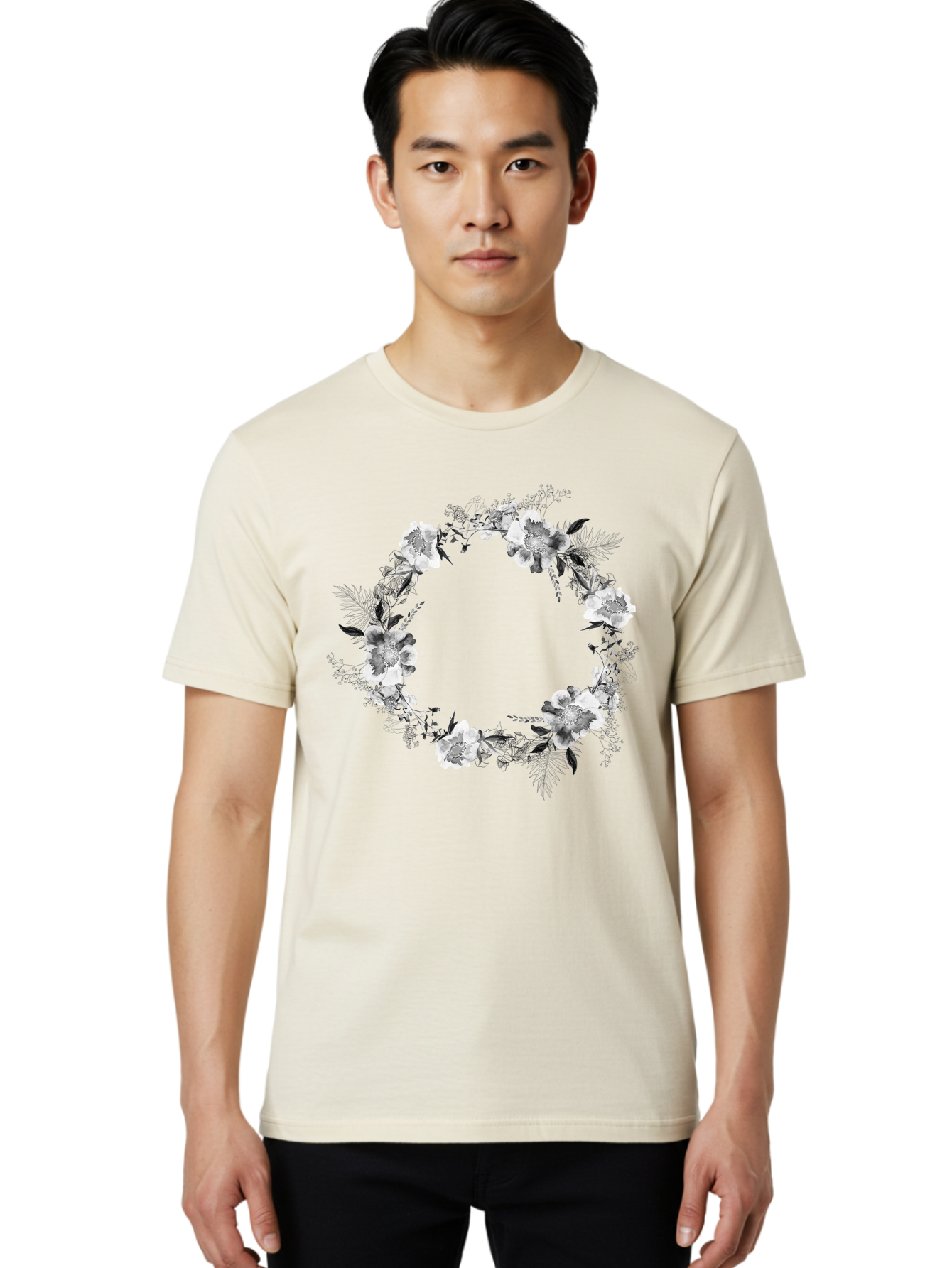 Floral-Wreath Men'S Graphic Tee, 100% Cotton, Comfortable Casual Summer Wear, Machine Washable, Floral Wreath, White Flowers, Black And White Flowers, Foliage, Leaves, Floral Arrangement, Circular Frame, Elegant Design, Delicate Petals, Aac311
