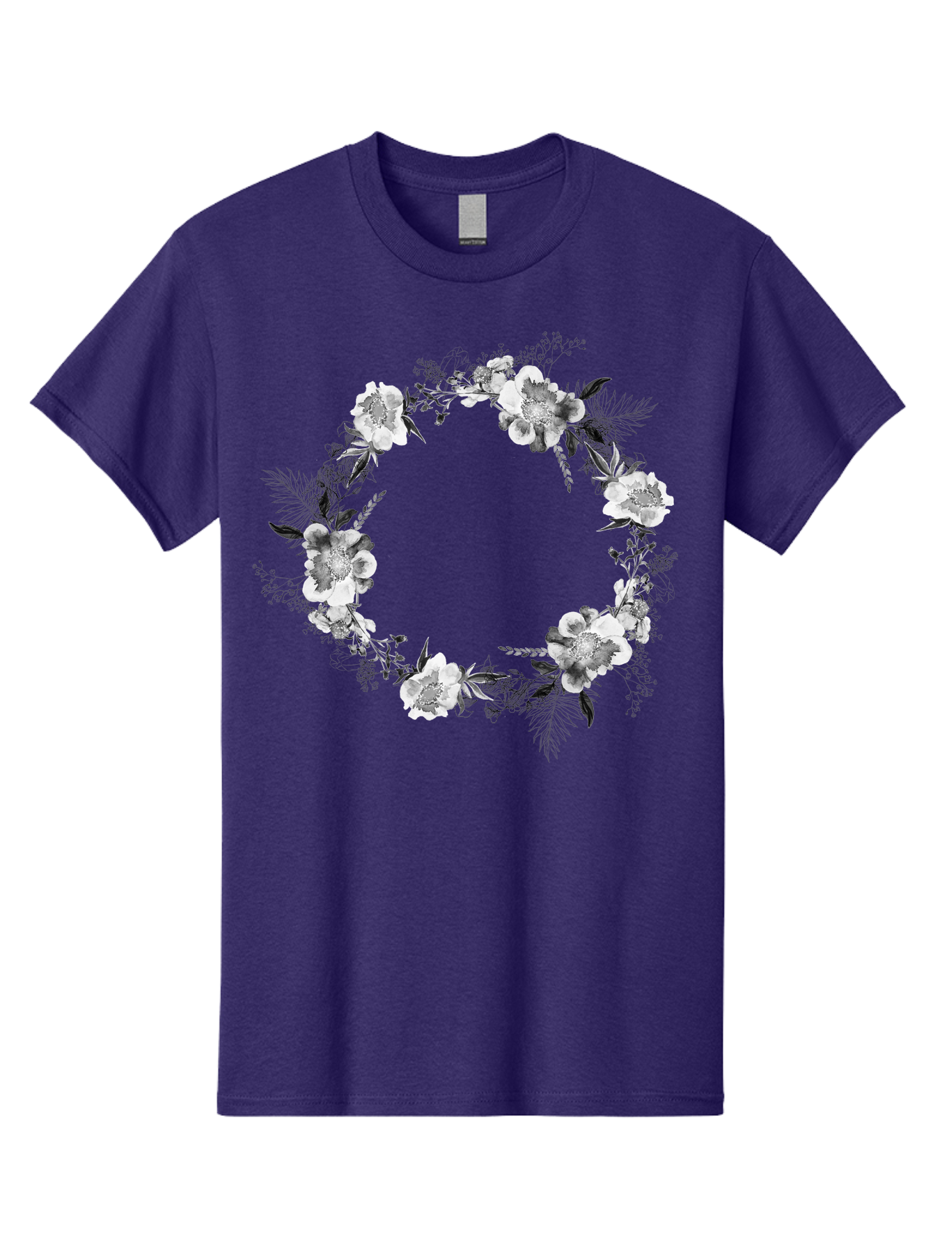 Floral-Wreath Men'S Graphic Tee, 100% Cotton, Comfortable Casual Summer Wear, Machine Washable, Floral Wreath, White Flowers, Black And White Flowers, Foliage, Leaves, Floral Arrangement, Circular Frame, Elegant Design, Delicate Petals, Aac311