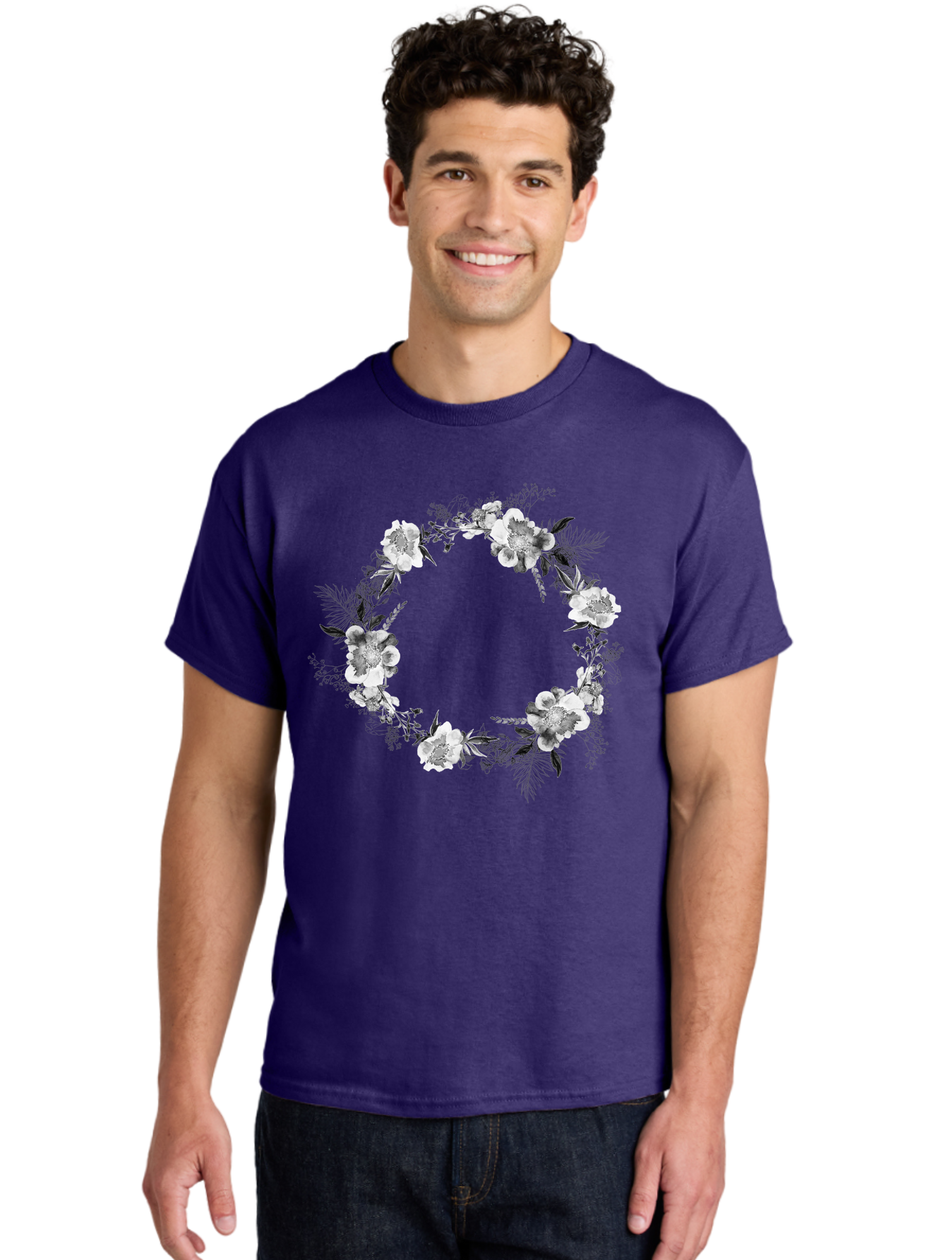 Floral-Wreath Men'S Graphic Tee, 100% Cotton, Comfortable Casual Summer Wear, Machine Washable, Floral Wreath, White Flowers, Black And White Flowers, Foliage, Leaves, Floral Arrangement, Circular Frame, Elegant Design, Delicate Petals, Aac311