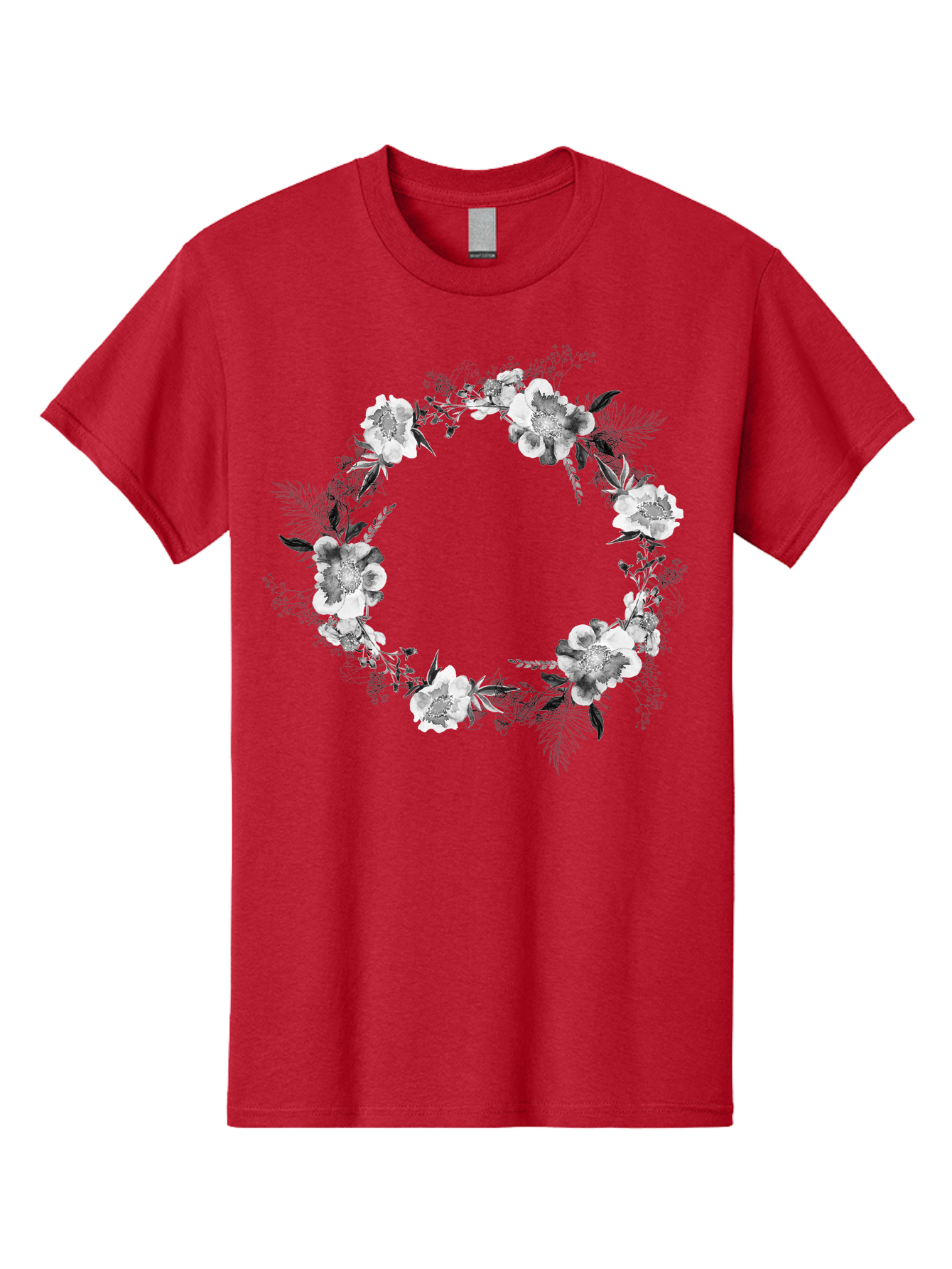 Floral-Wreath Men'S Graphic Tee, 100% Cotton, Comfortable Casual Summer Wear, Machine Washable, Floral Wreath, White Flowers, Black And White Flowers, Foliage, Leaves, Floral Arrangement, Circular Frame, Elegant Design, Delicate Petals, Aac311