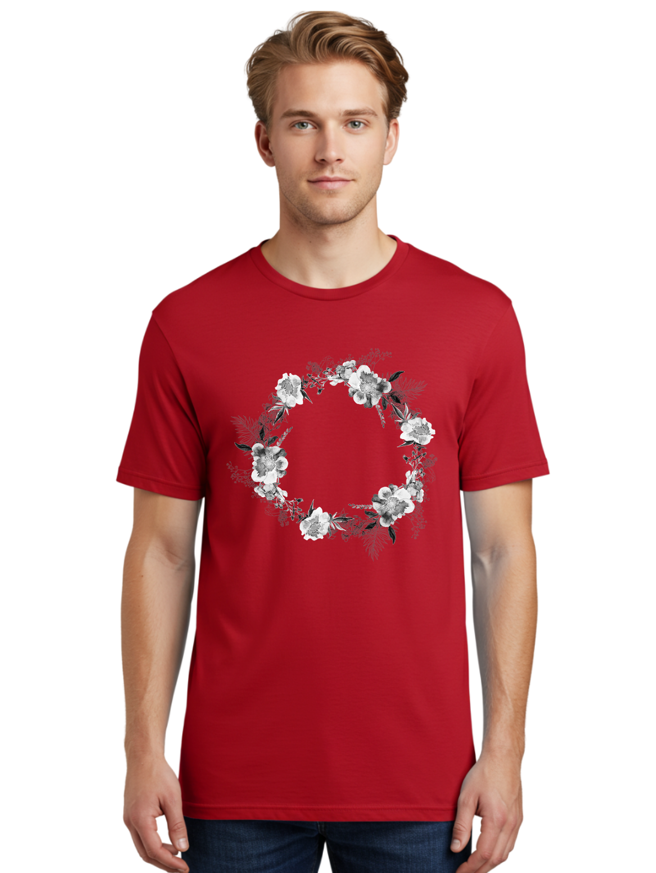 Floral-Wreath Men'S Graphic Tee, 100% Cotton, Comfortable Casual Summer Wear, Machine Washable, Floral Wreath, White Flowers, Black And White Flowers, Foliage, Leaves, Floral Arrangement, Circular Frame, Elegant Design, Delicate Petals, Aac311