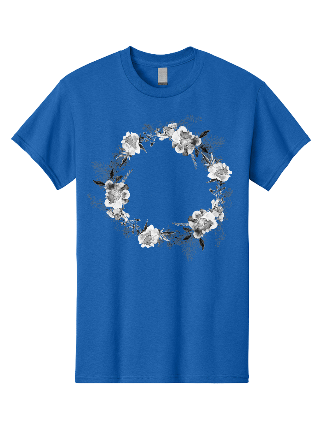 Floral-Wreath Men'S Graphic Tee, 100% Cotton, Comfortable Casual Summer Wear, Machine Washable, Floral Wreath, White Flowers, Black And White Flowers, Foliage, Leaves, Floral Arrangement, Circular Frame, Elegant Design, Delicate Petals, Aac311