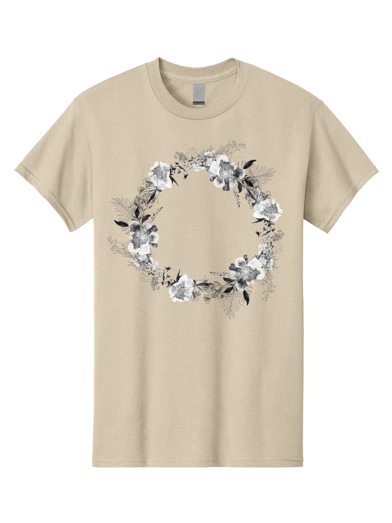 Floral-Wreath Men'S Graphic Tee, 100% Cotton, Comfortable Casual Summer Wear, Machine Washable, Floral Wreath, White Flowers, Black And White Flowers, Foliage, Leaves, Floral Arrangement, Circular Frame, Elegant Design, Delicate Petals, Aac311