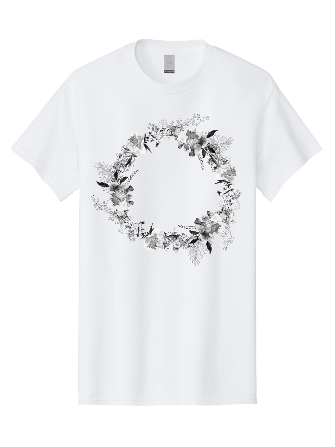 Floral-Wreath Men'S Graphic Tee, 100% Cotton, Comfortable Casual Summer Wear, Machine Washable, Floral Wreath, White Flowers, Black And White Flowers, Foliage, Leaves, Floral Arrangement, Circular Frame, Elegant Design, Delicate Petals, Aac311