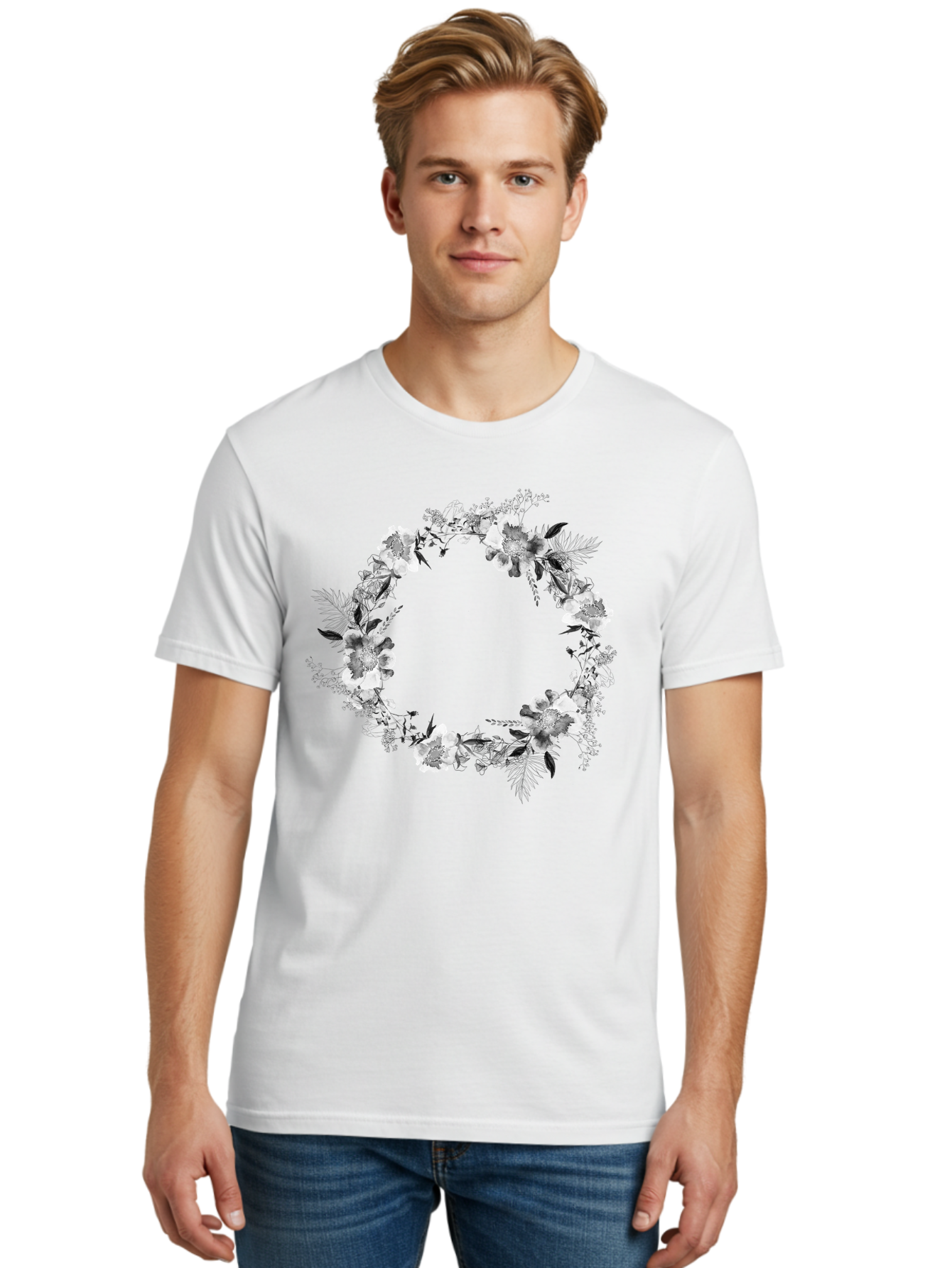 Floral-Wreath Men'S Graphic Tee, 100% Cotton, Comfortable Casual Summer Wear, Machine Washable, Floral Wreath, White Flowers, Black And White Flowers, Foliage, Leaves, Floral Arrangement, Circular Frame, Elegant Design, Delicate Petals, Aac311