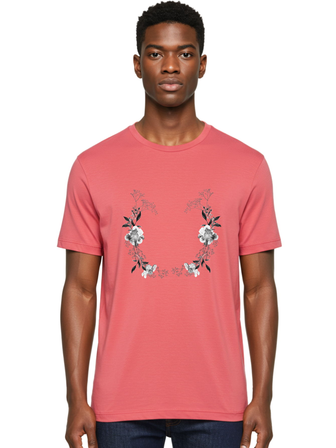 Floral Men'S Graphic Tee, 100% Cotton, Comfortable Casual Summer Wear, Machine Washable, Floral Arch, White Flowers, Black Leaves, Elegant Design, Floral Arrangement, Minimalist Style, Delicate Patterns, Soft Colors, Whimsical Touch, Aac312