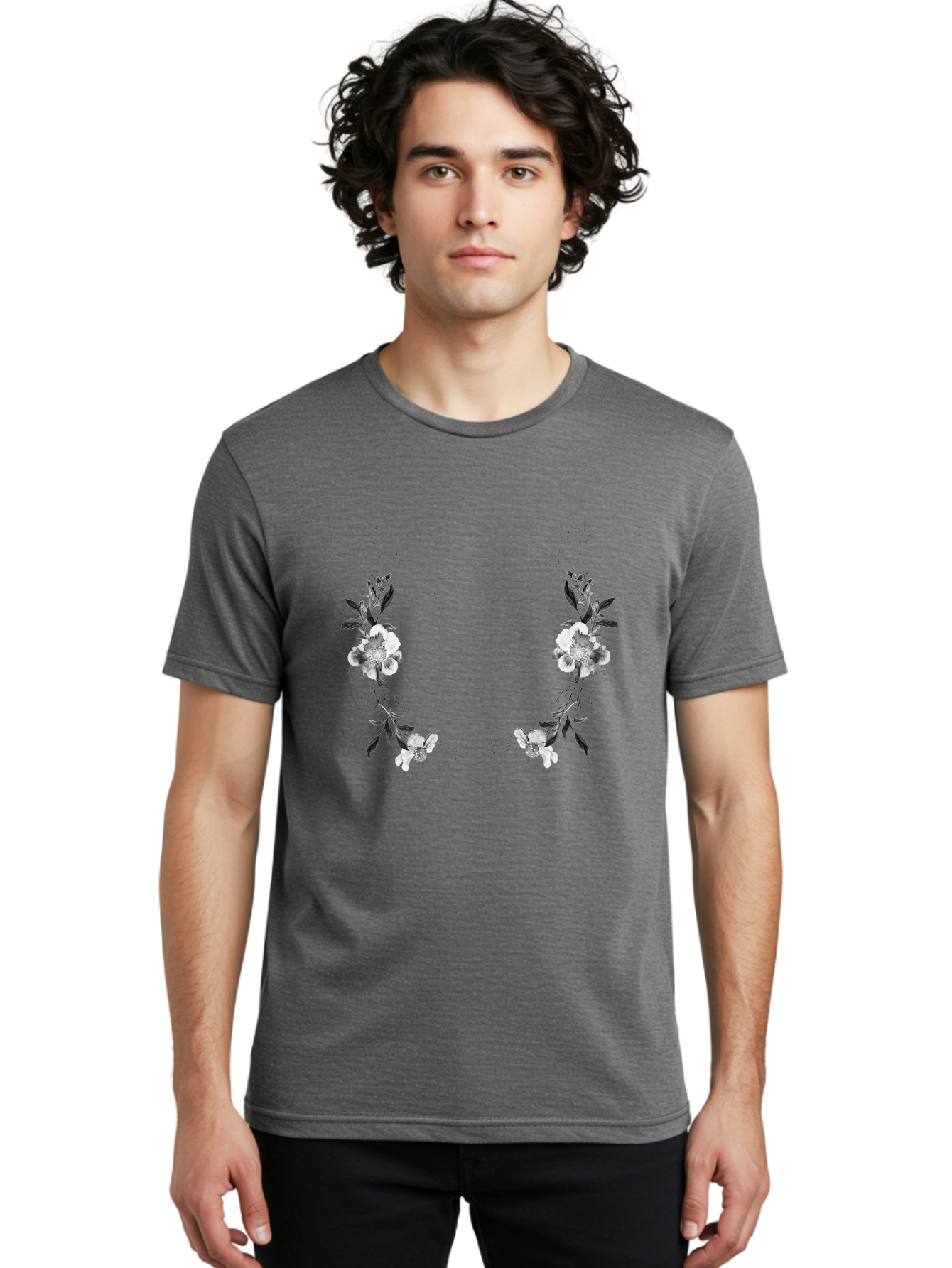 Floral Men'S Graphic Tee, 100% Cotton, Comfortable Casual Summer Wear, Machine Washable, Floral Arch, White Flowers, Black Leaves, Elegant Design, Floral Arrangement, Minimalist Style, Delicate Patterns, Soft Colors, Whimsical Touch, Aac312