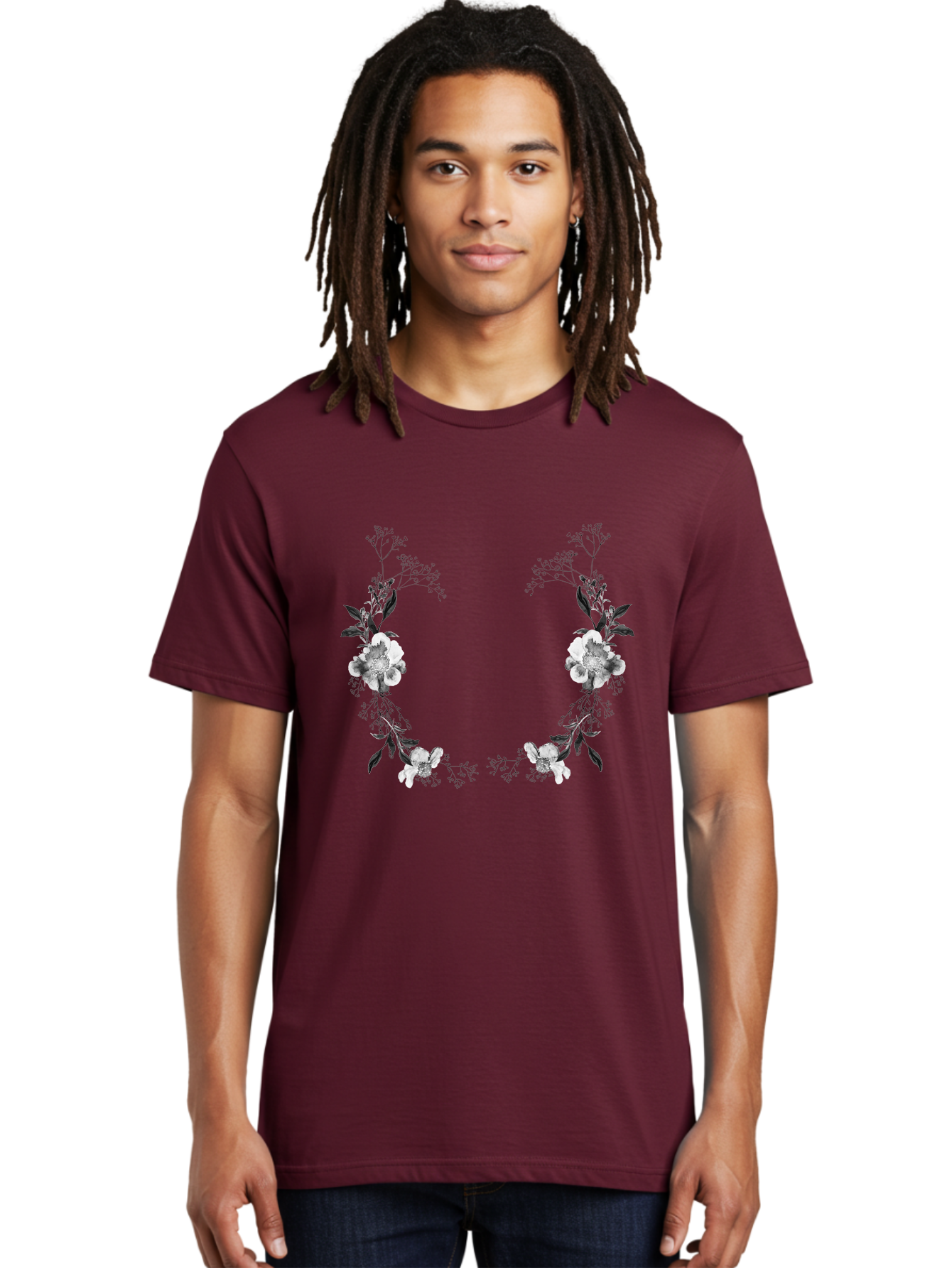 Floral Men'S Graphic Tee, 100% Cotton, Comfortable Casual Summer Wear, Machine Washable, Floral Arch, White Flowers, Black Leaves, Elegant Design, Floral Arrangement, Minimalist Style, Delicate Patterns, Soft Colors, Whimsical Touch, Aac312