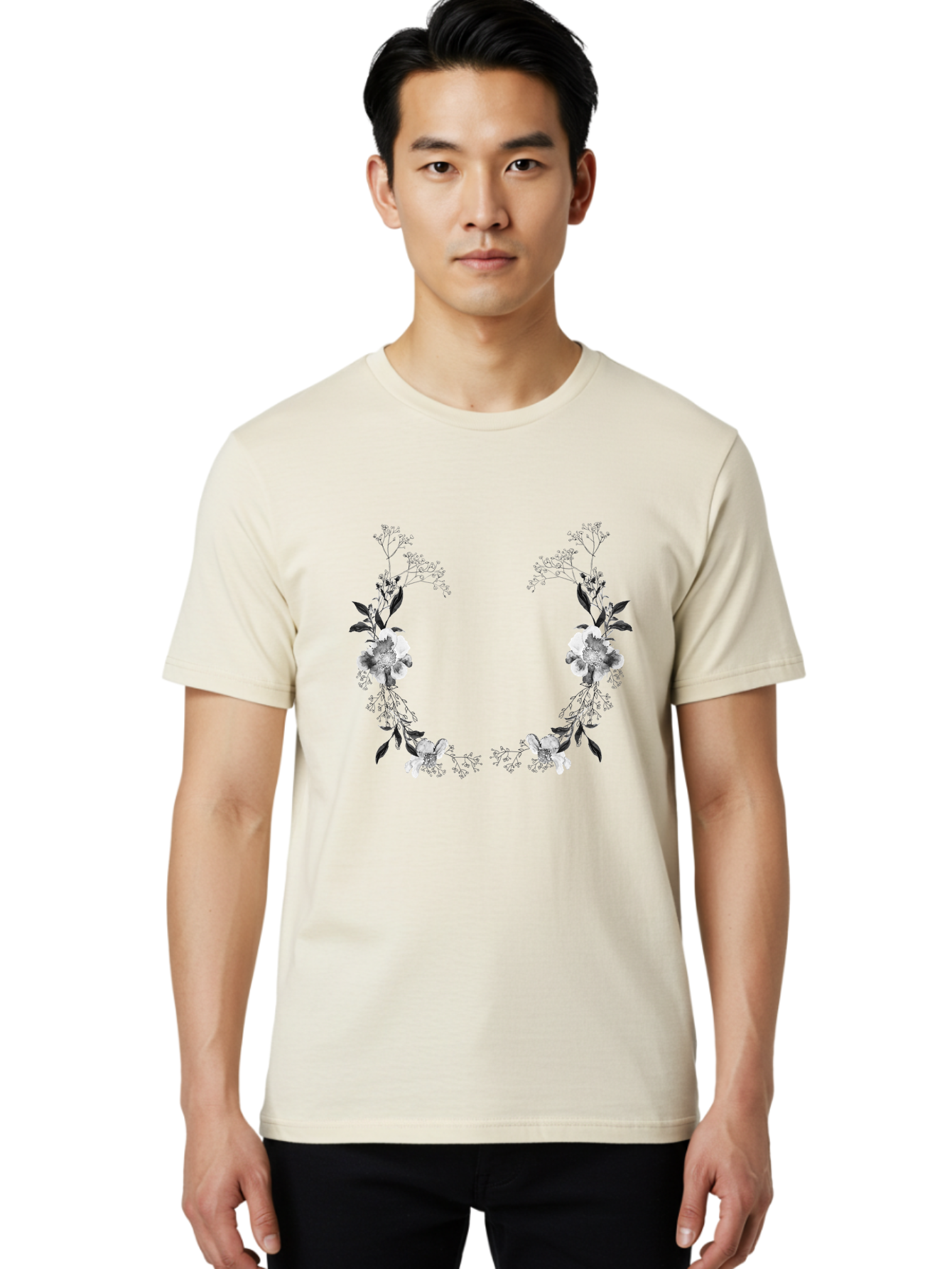 Floral Men'S Graphic Tee, 100% Cotton, Comfortable Casual Summer Wear, Machine Washable, Floral Arch, White Flowers, Black Leaves, Elegant Design, Floral Arrangement, Minimalist Style, Delicate Patterns, Soft Colors, Whimsical Touch, Aac312