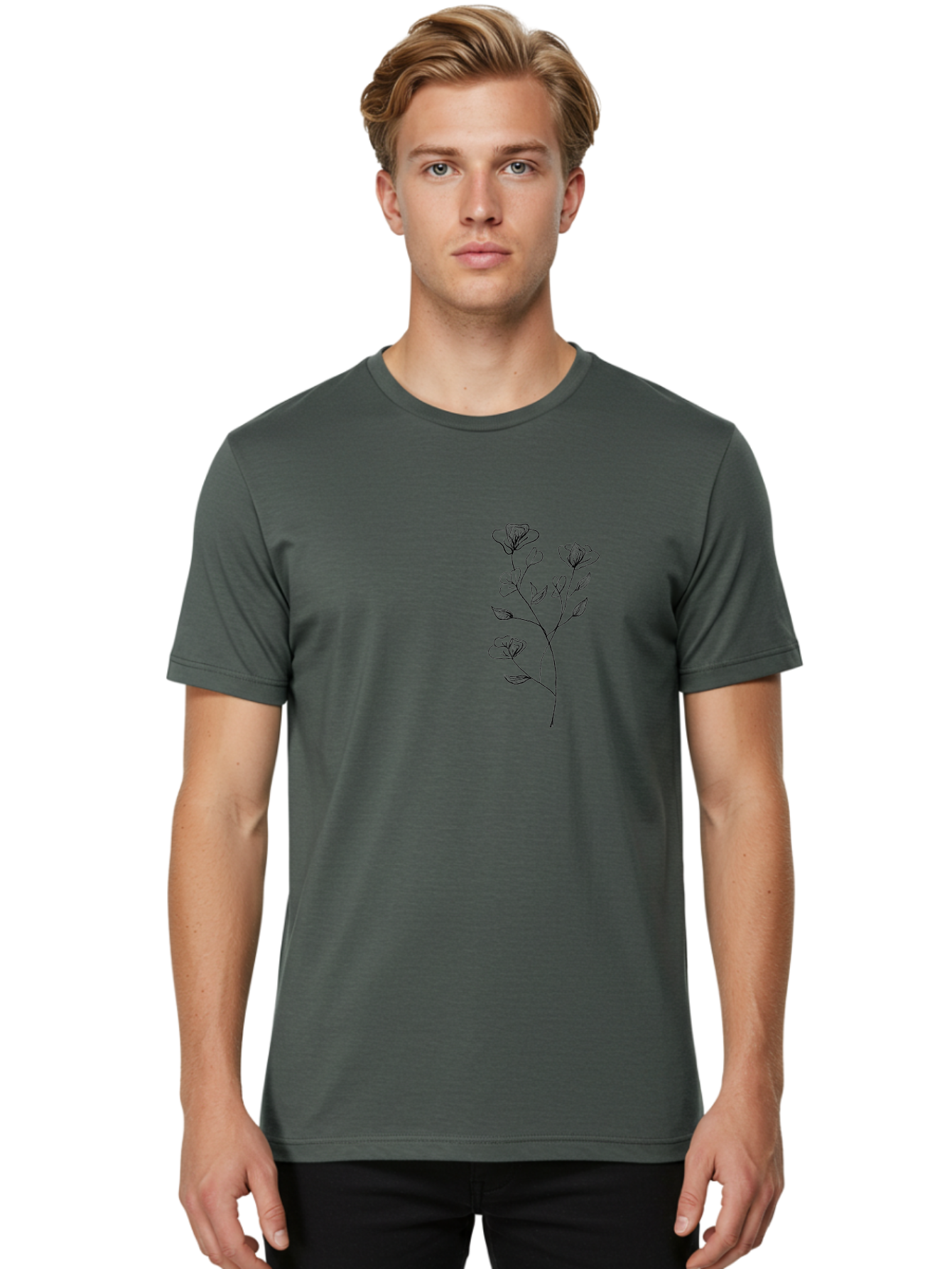 Flowers Men'S Graphic Tee, 100% Cotton, Comfortable Casual Summer Wear, Machine Washable, Simple Flowers, Line Art, Minimalist Design, Botanical Illustration, Delicate Petals, Elegant Stem, Artistic Expression, Floral Art Aac313
