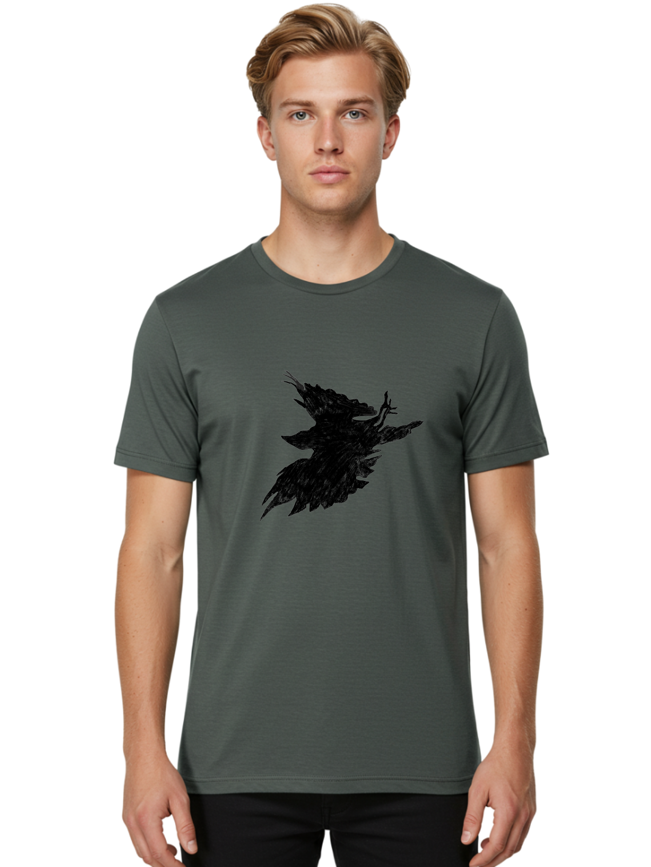 Flying-Bird-1 Men'S Graphic Tee, 100% Cotton, Comfortable Casual Summer Wear, Machine Washable, Black Bird In Flight, Silhouette, Abstract Art, Bird In Mid-Air, Wings Spread, Mysterious Creature, Dynamic Pose, Flying Bird, Dark Shape, Aac314