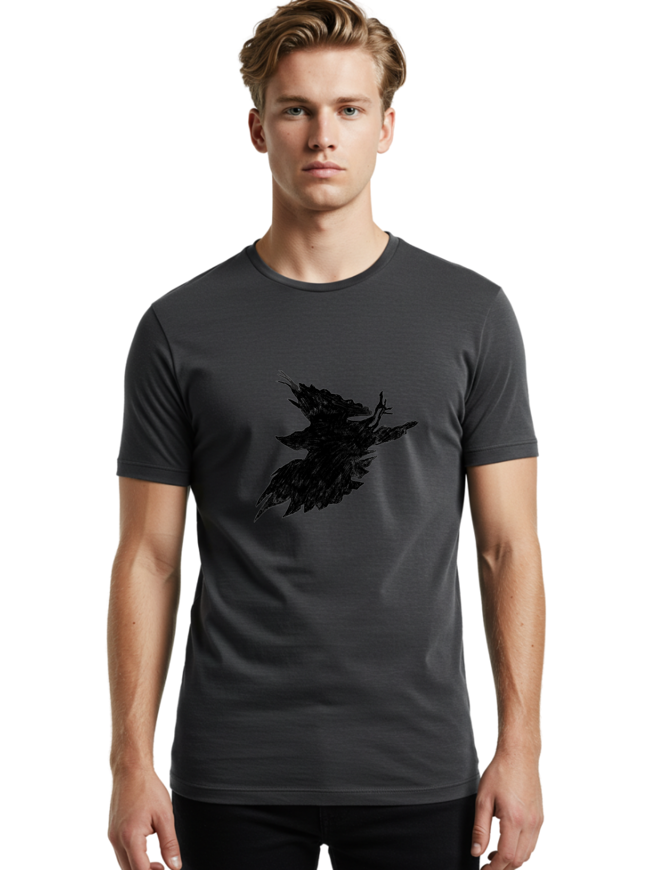 Flying-Bird-1 Men'S Graphic Tee, 100% Cotton, Comfortable Casual Summer Wear, Machine Washable, Black Bird In Flight, Silhouette, Abstract Art, Bird In Mid-Air, Wings Spread, Mysterious Creature, Dynamic Pose, Flying Bird, Dark Shape, Aac314