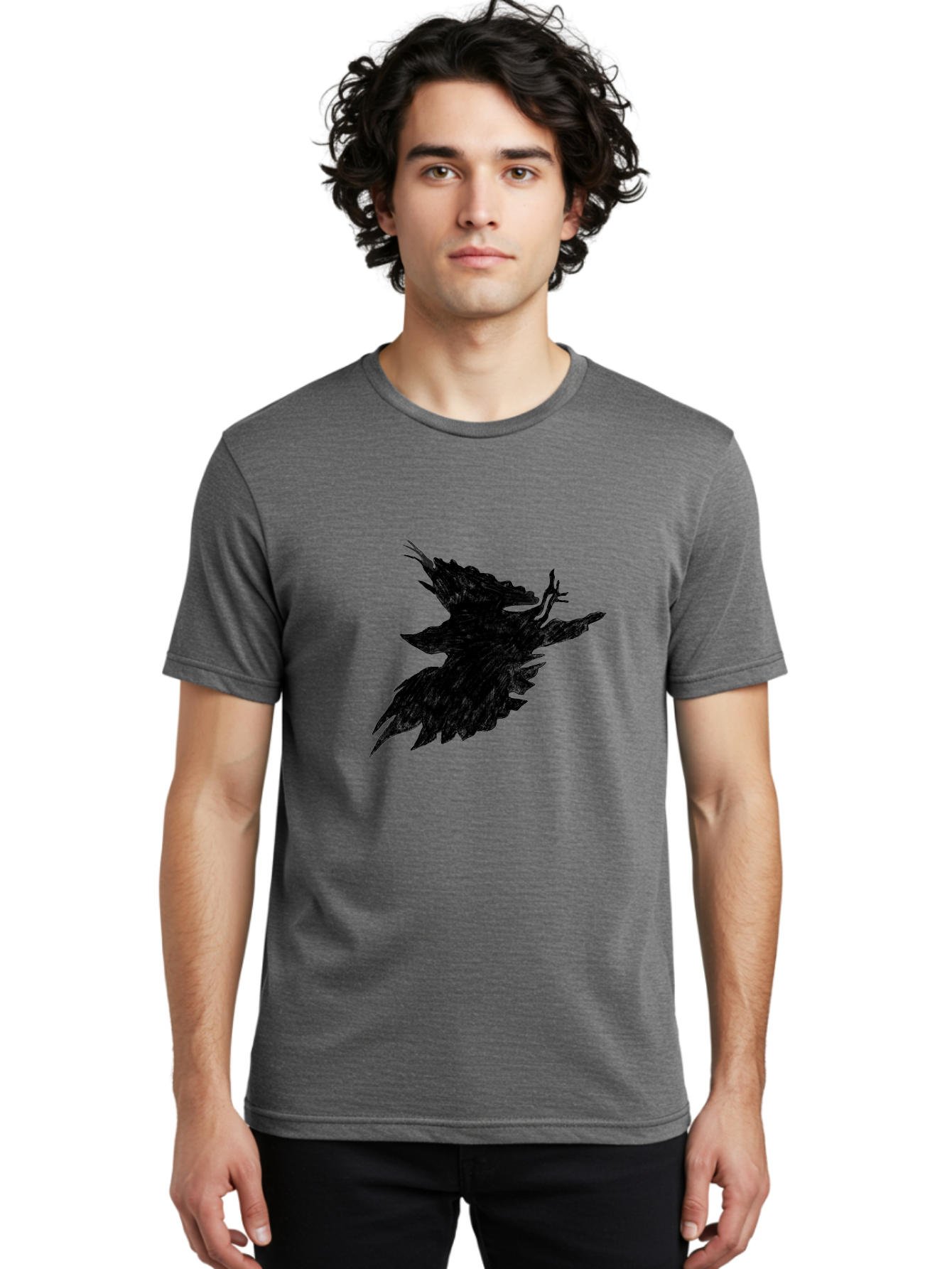 Flying-Bird-1 Men'S Graphic Tee, 100% Cotton, Comfortable Casual Summer Wear, Machine Washable, Black Bird In Flight, Silhouette, Abstract Art, Bird In Mid-Air, Wings Spread, Mysterious Creature, Dynamic Pose, Flying Bird, Dark Shape, Aac314