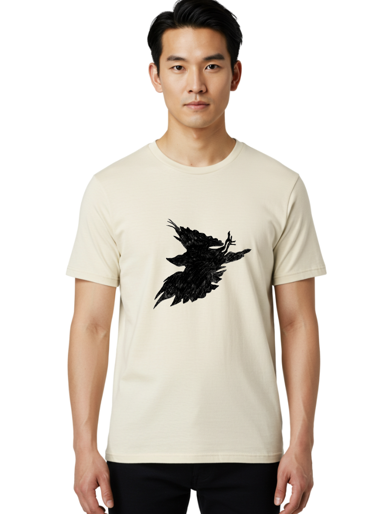 Flying-Bird-1 Men'S Graphic Tee, 100% Cotton, Comfortable Casual Summer Wear, Machine Washable, Black Bird In Flight, Silhouette, Abstract Art, Bird In Mid-Air, Wings Spread, Mysterious Creature, Dynamic Pose, Flying Bird, Dark Shape, Aac314