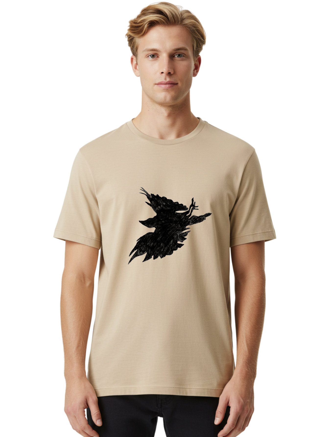 Flying-Bird-1 Men'S Graphic Tee, 100% Cotton, Comfortable Casual Summer Wear, Machine Washable, Black Bird In Flight, Silhouette, Abstract Art, Bird In Mid-Air, Wings Spread, Mysterious Creature, Dynamic Pose, Flying Bird, Dark Shape, Aac314