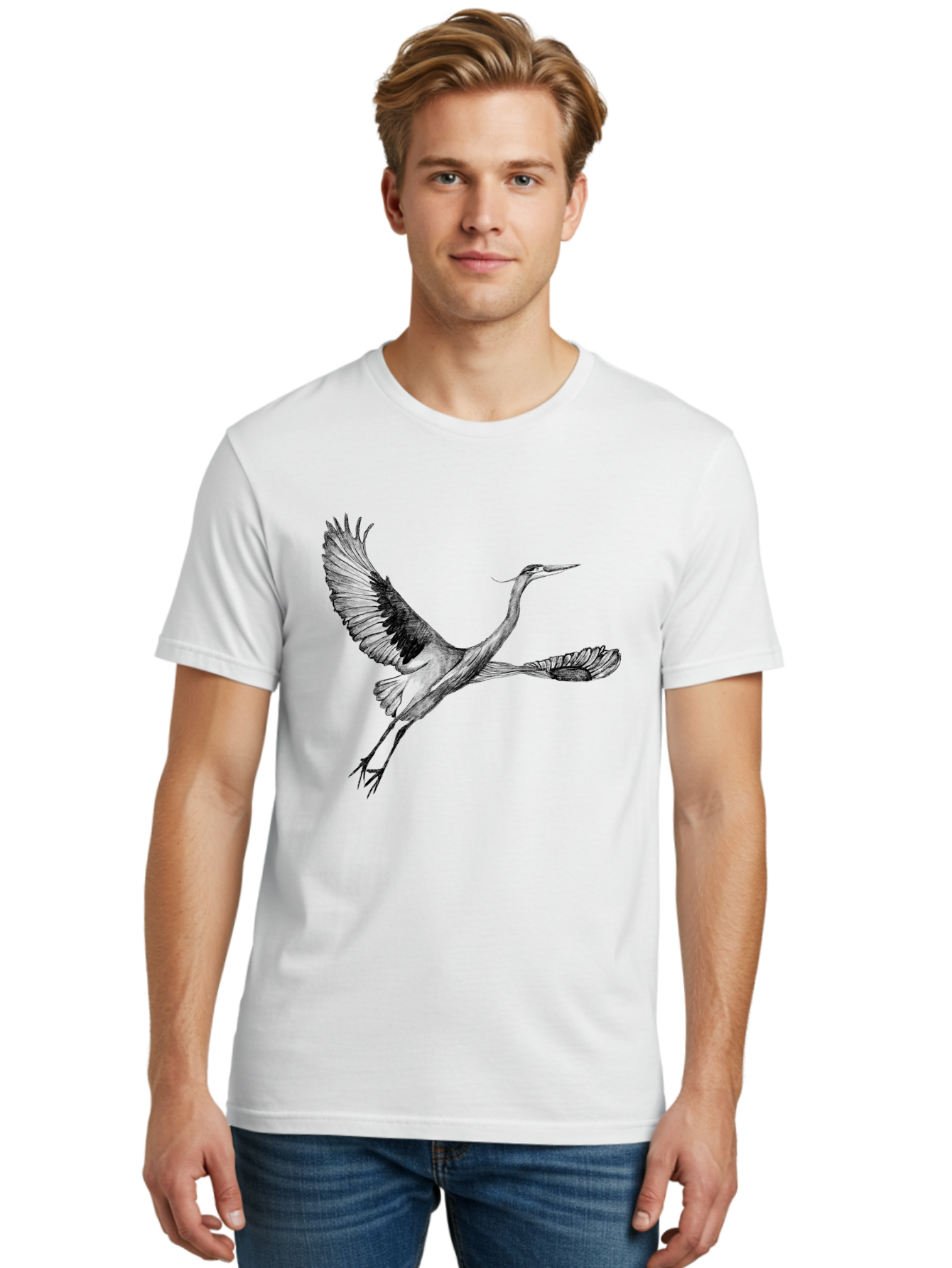 Flying-Crane Men'S Graphic Tee, 100% Cotton, Comfortable Casual Summer Wear, Machine Washable, Crane, Bird, Flying, Wildlife, Free Bird, Natural Elegance, Majestic Wings, Flying Crane, Dynamic Pose, Serene Atmosphere, Wild Bird Aac316
