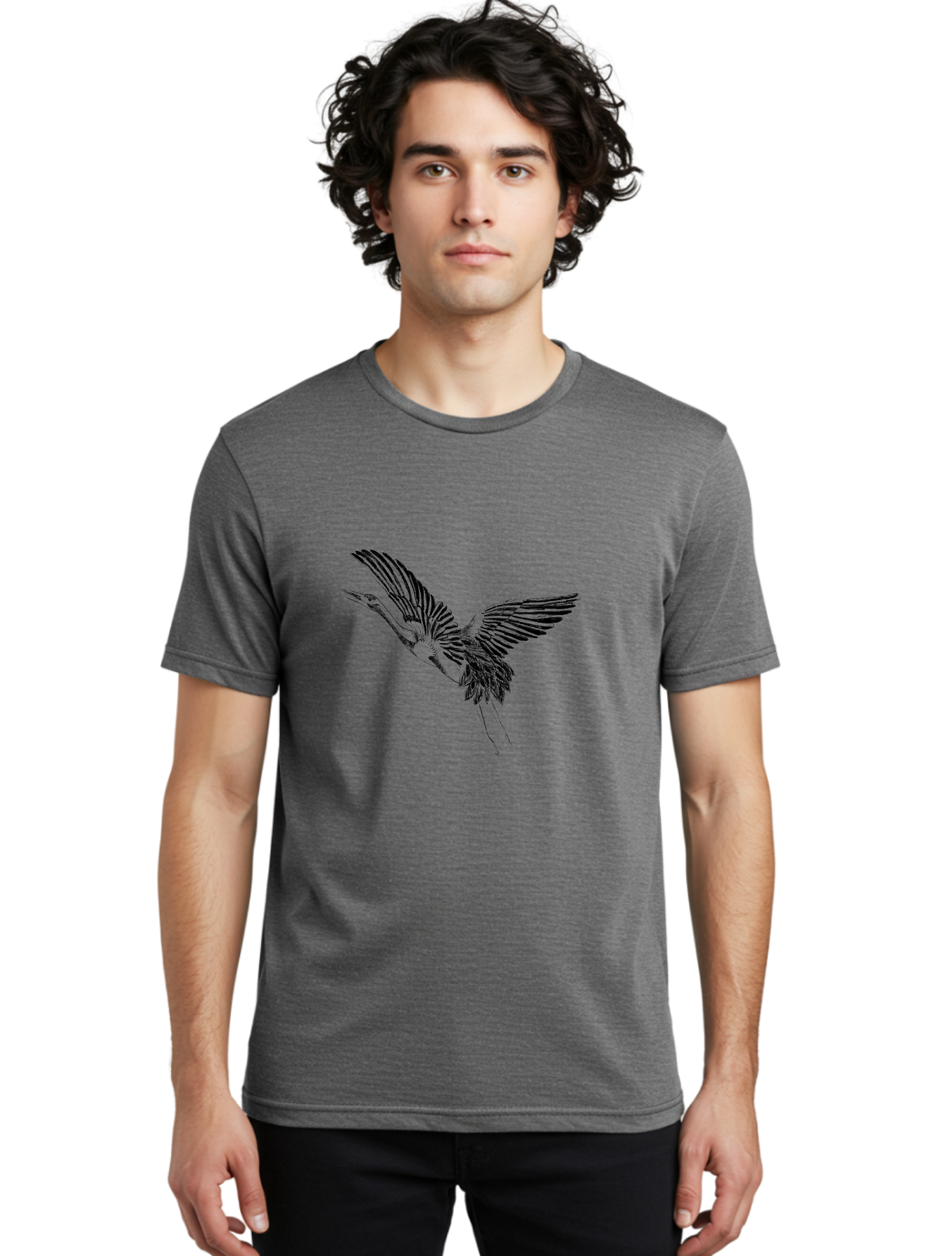 Flying-Heron Men'S Graphic Tee, 100% Cotton, Comfortable Casual Summer Wear, Machine Washable, Heron In Flight, Bird Silhouette, Wingspan, Flying Bird, Nature Illustration, Wildlife Art, Monochrome Graphics, Heron Illustration, Bird In Flight Aac317
