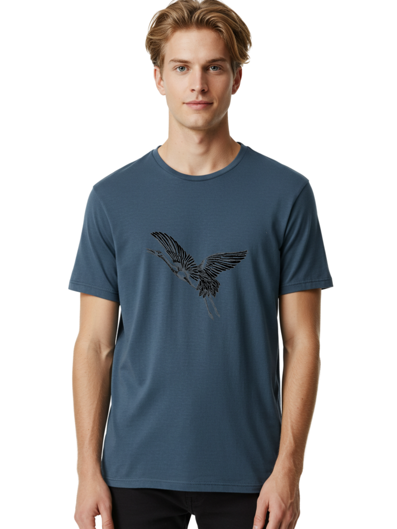 Flying-Heron Men'S Graphic Tee, 100% Cotton, Comfortable Casual Summer Wear, Machine Washable, Heron In Flight, Bird Silhouette, Wingspan, Flying Bird, Nature Illustration, Wildlife Art, Monochrome Graphics, Heron Illustration, Bird In Flight Aac317