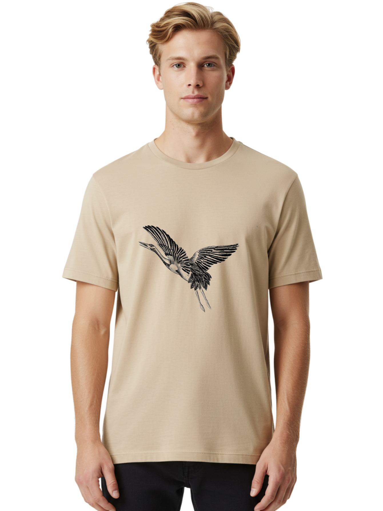 Flying-Heron Men'S Graphic Tee, 100% Cotton, Comfortable Casual Summer Wear, Machine Washable, Heron In Flight, Bird Silhouette, Wingspan, Flying Bird, Nature Illustration, Wildlife Art, Monochrome Graphics, Heron Illustration, Bird In Flight Aac317