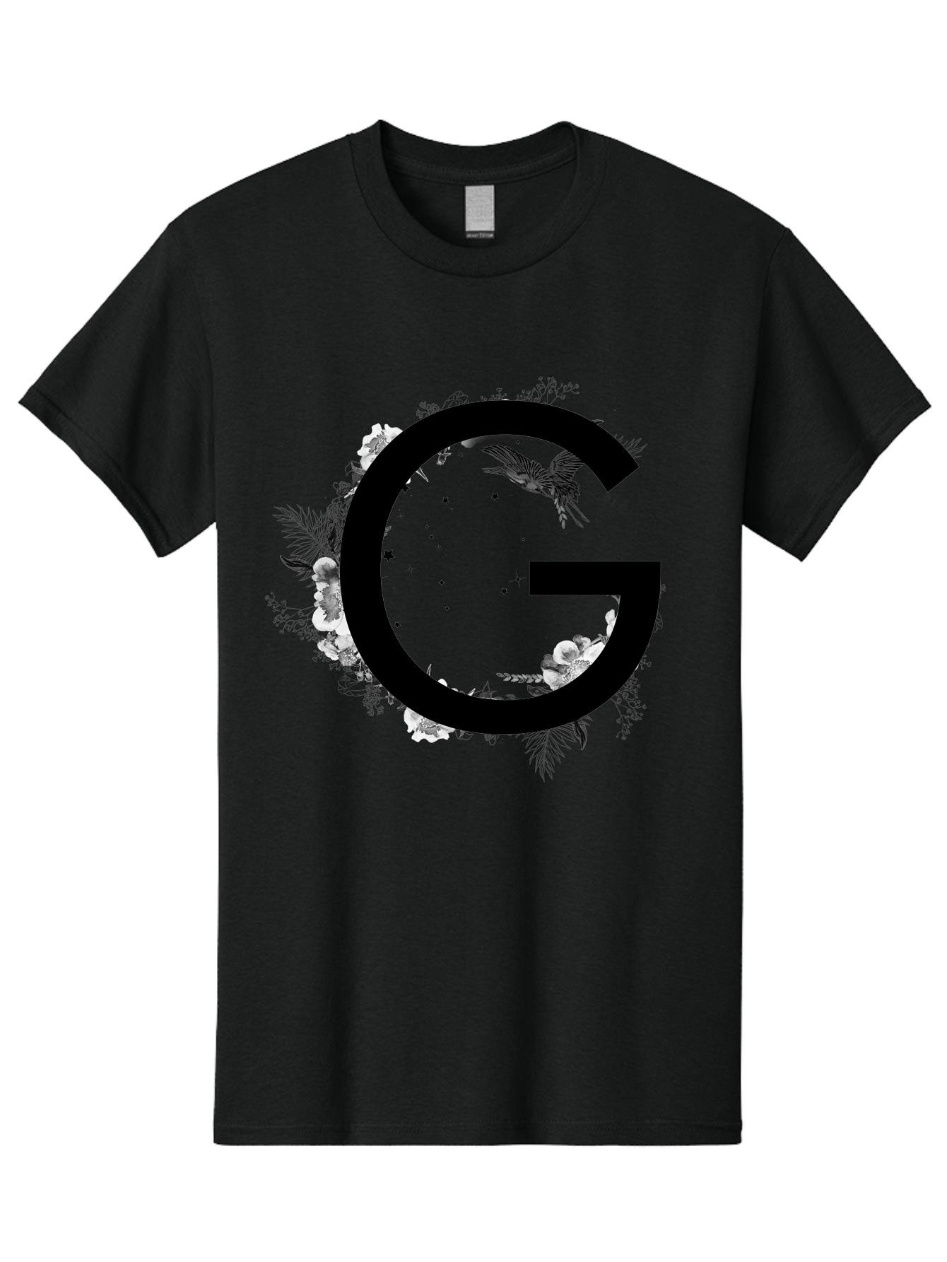 G Men'S Graphic Tee, 100% Cotton, Comfortable Casual Summer Wear, Machine Washable, Large Letter G, Floral Wreath, Black And White Flowers, Foliage, Bird In Flight, Splattered Paint, Modern Typography, Bold Font, Artistic Design, Aac318