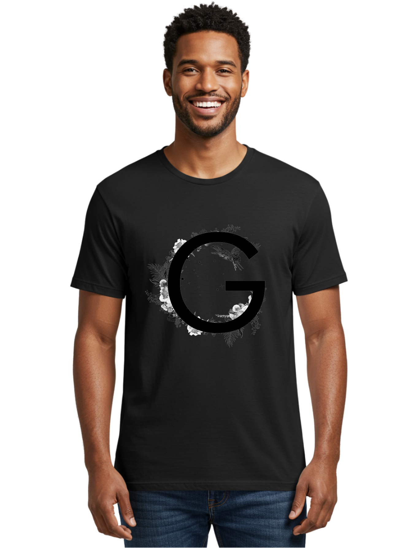 G Men'S Graphic Tee, 100% Cotton, Comfortable Casual Summer Wear, Machine Washable, Large Letter G, Floral Wreath, Black And White Flowers, Foliage, Bird In Flight, Splattered Paint, Modern Typography, Bold Font, Artistic Design, Aac318