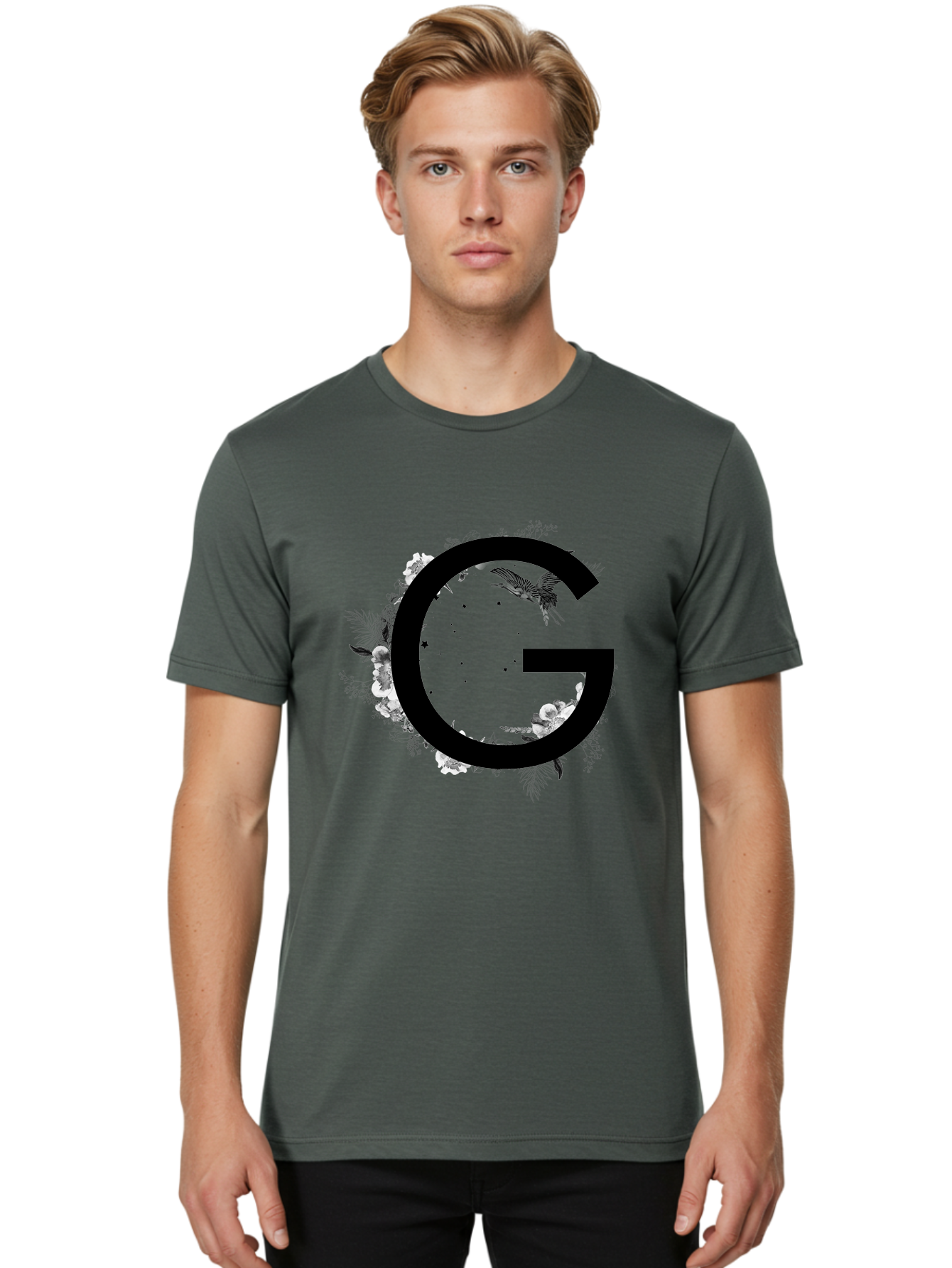G Men'S Graphic Tee, 100% Cotton, Comfortable Casual Summer Wear, Machine Washable, Large Letter G, Floral Wreath, Black And White Flowers, Foliage, Bird In Flight, Splattered Paint, Modern Typography, Bold Font, Artistic Design, Aac318