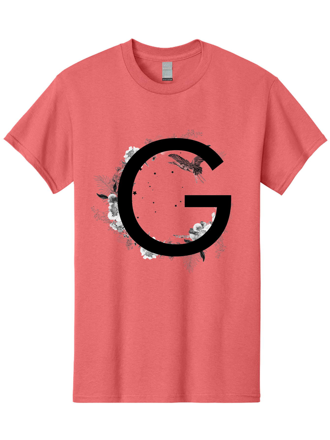 G Men'S Graphic Tee, 100% Cotton, Comfortable Casual Summer Wear, Machine Washable, Large Letter G, Floral Wreath, Black And White Flowers, Foliage, Bird In Flight, Splattered Paint, Modern Typography, Bold Font, Artistic Design, Aac318