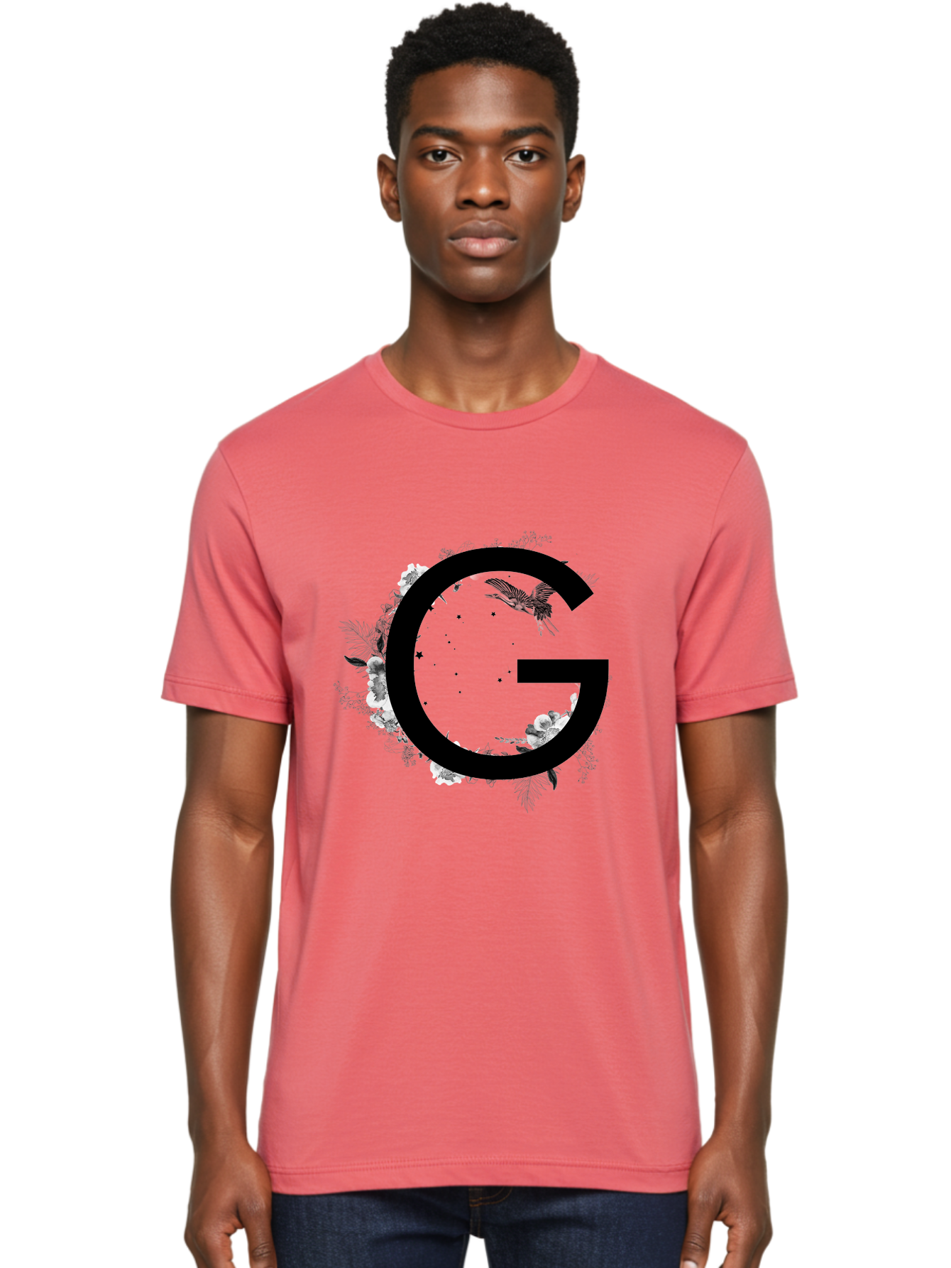 G Men'S Graphic Tee, 100% Cotton, Comfortable Casual Summer Wear, Machine Washable, Large Letter G, Floral Wreath, Black And White Flowers, Foliage, Bird In Flight, Splattered Paint, Modern Typography, Bold Font, Artistic Design, Aac318