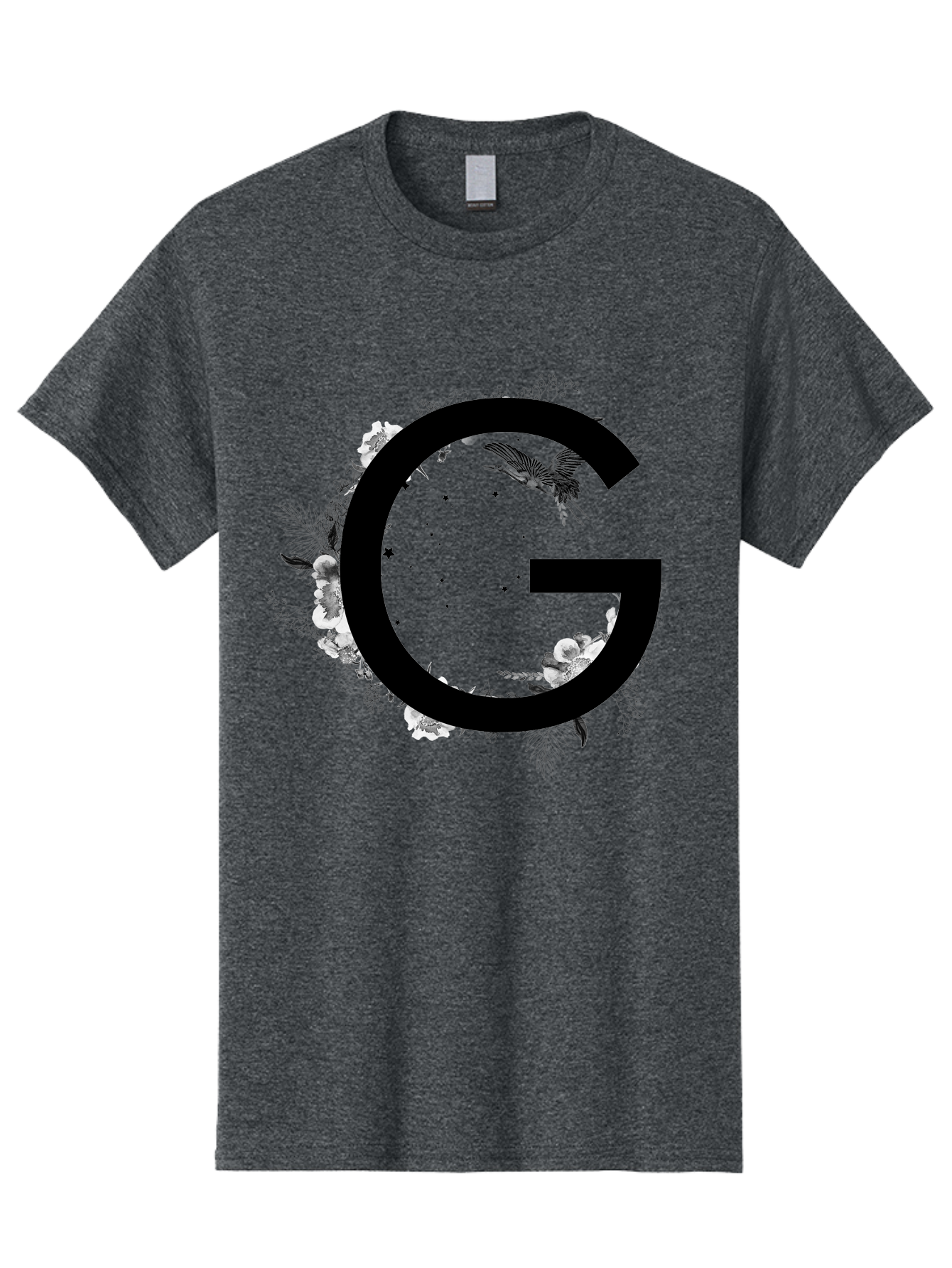 G Men'S Graphic Tee, 100% Cotton, Comfortable Casual Summer Wear, Machine Washable, Large Letter G, Floral Wreath, Black And White Flowers, Foliage, Bird In Flight, Splattered Paint, Modern Typography, Bold Font, Artistic Design, Aac318