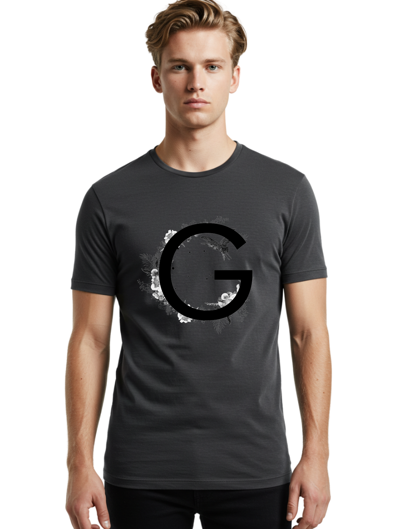 G Men'S Graphic Tee, 100% Cotton, Comfortable Casual Summer Wear, Machine Washable, Large Letter G, Floral Wreath, Black And White Flowers, Foliage, Bird In Flight, Splattered Paint, Modern Typography, Bold Font, Artistic Design, Aac318
