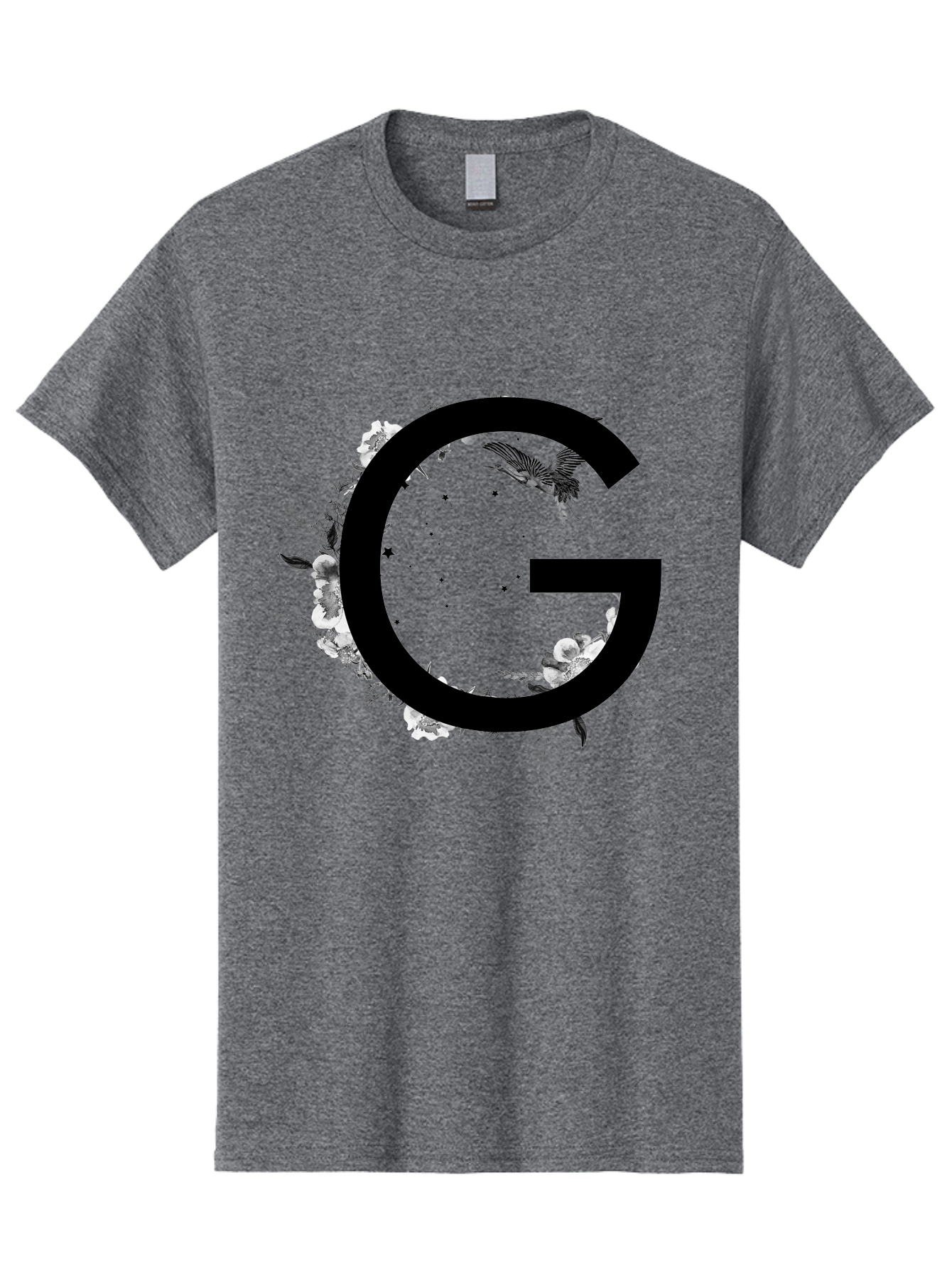 G Men'S Graphic Tee, 100% Cotton, Comfortable Casual Summer Wear, Machine Washable, Large Letter G, Floral Wreath, Black And White Flowers, Foliage, Bird In Flight, Splattered Paint, Modern Typography, Bold Font, Artistic Design, Aac318
