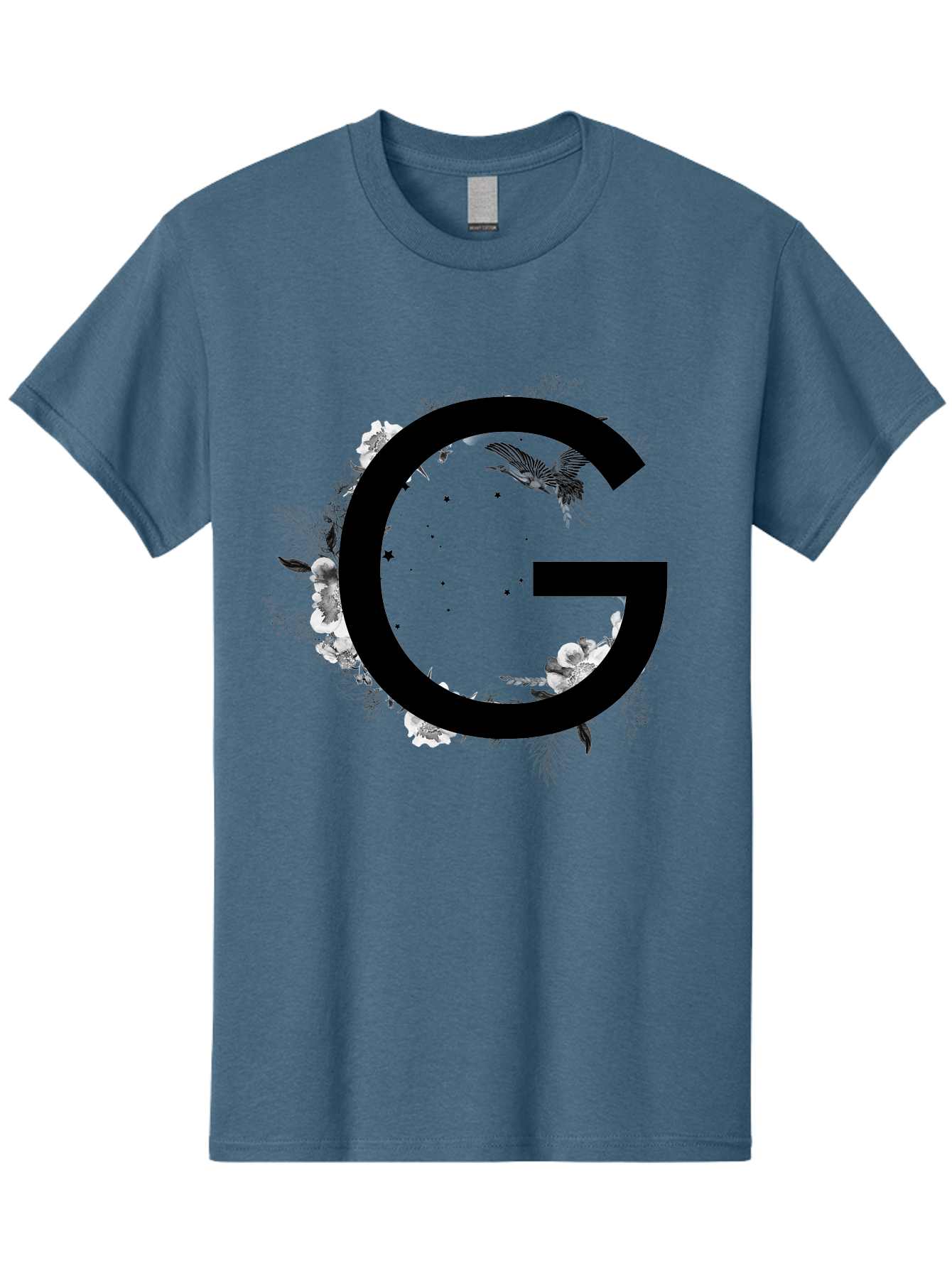 G Men'S Graphic Tee, 100% Cotton, Comfortable Casual Summer Wear, Machine Washable, Large Letter G, Floral Wreath, Black And White Flowers, Foliage, Bird In Flight, Splattered Paint, Modern Typography, Bold Font, Artistic Design, Aac318