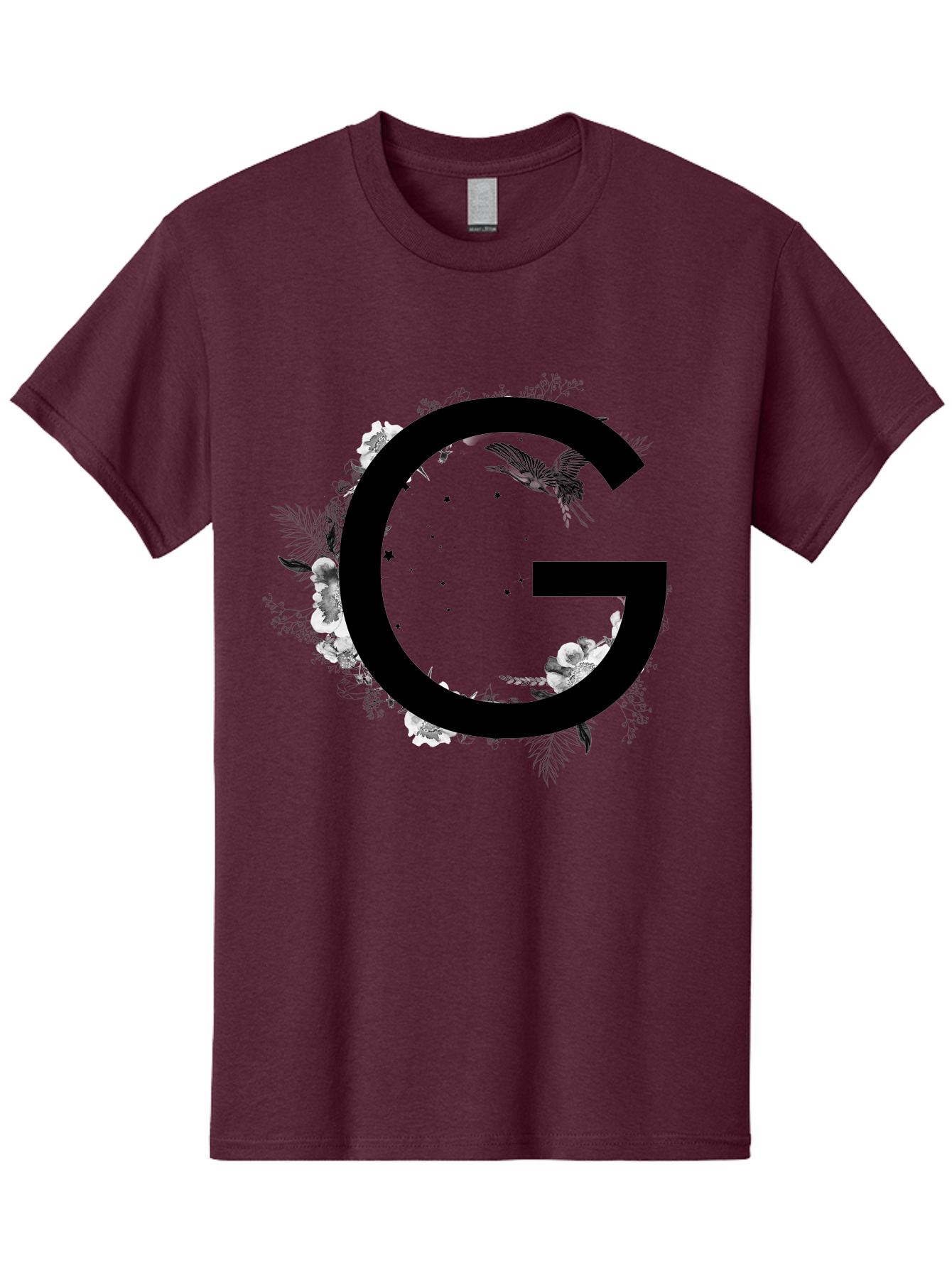 G Men'S Graphic Tee, 100% Cotton, Comfortable Casual Summer Wear, Machine Washable, Large Letter G, Floral Wreath, Black And White Flowers, Foliage, Bird In Flight, Splattered Paint, Modern Typography, Bold Font, Artistic Design, Aac318