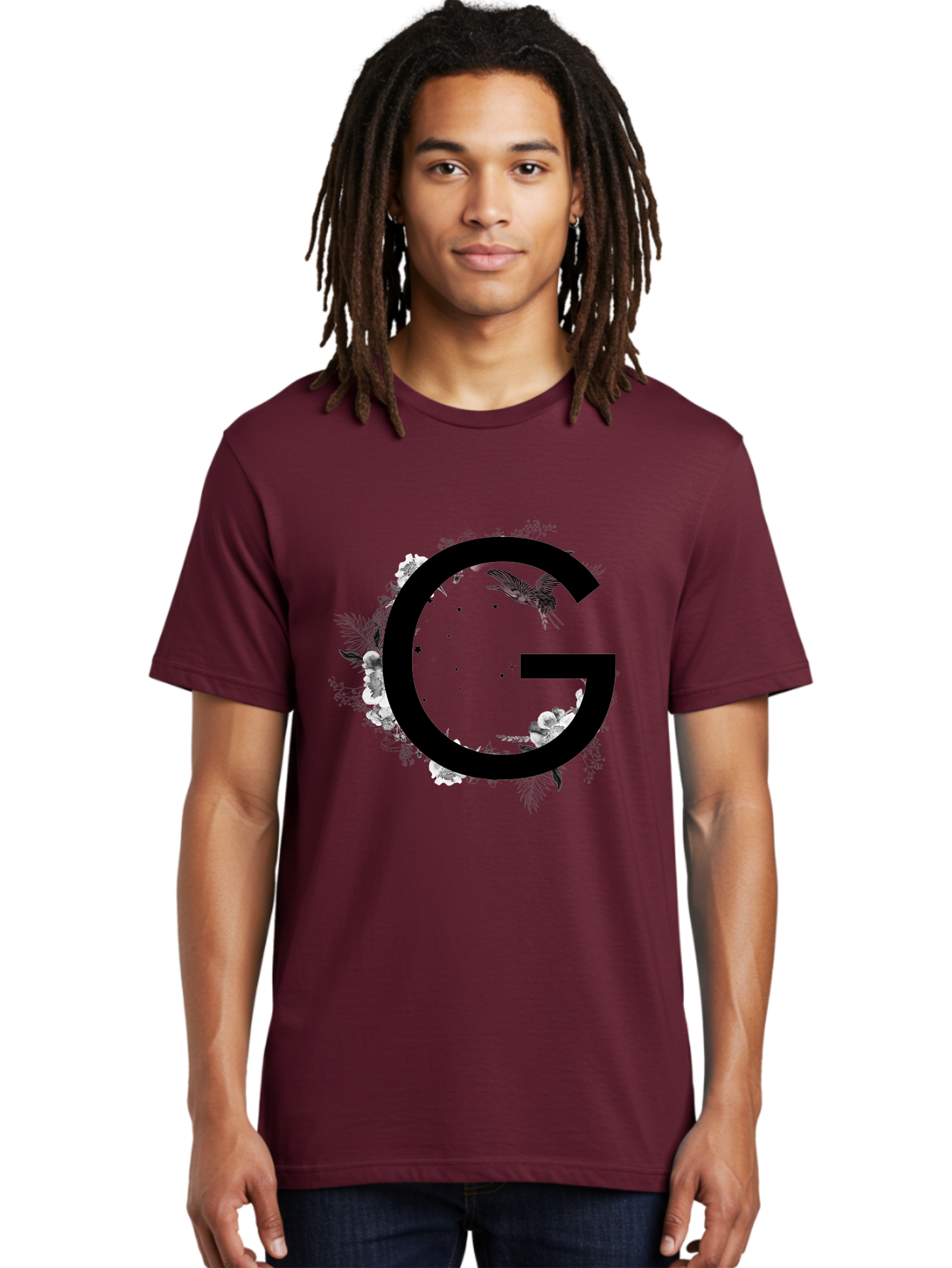 G Men'S Graphic Tee, 100% Cotton, Comfortable Casual Summer Wear, Machine Washable, Large Letter G, Floral Wreath, Black And White Flowers, Foliage, Bird In Flight, Splattered Paint, Modern Typography, Bold Font, Artistic Design, Aac318