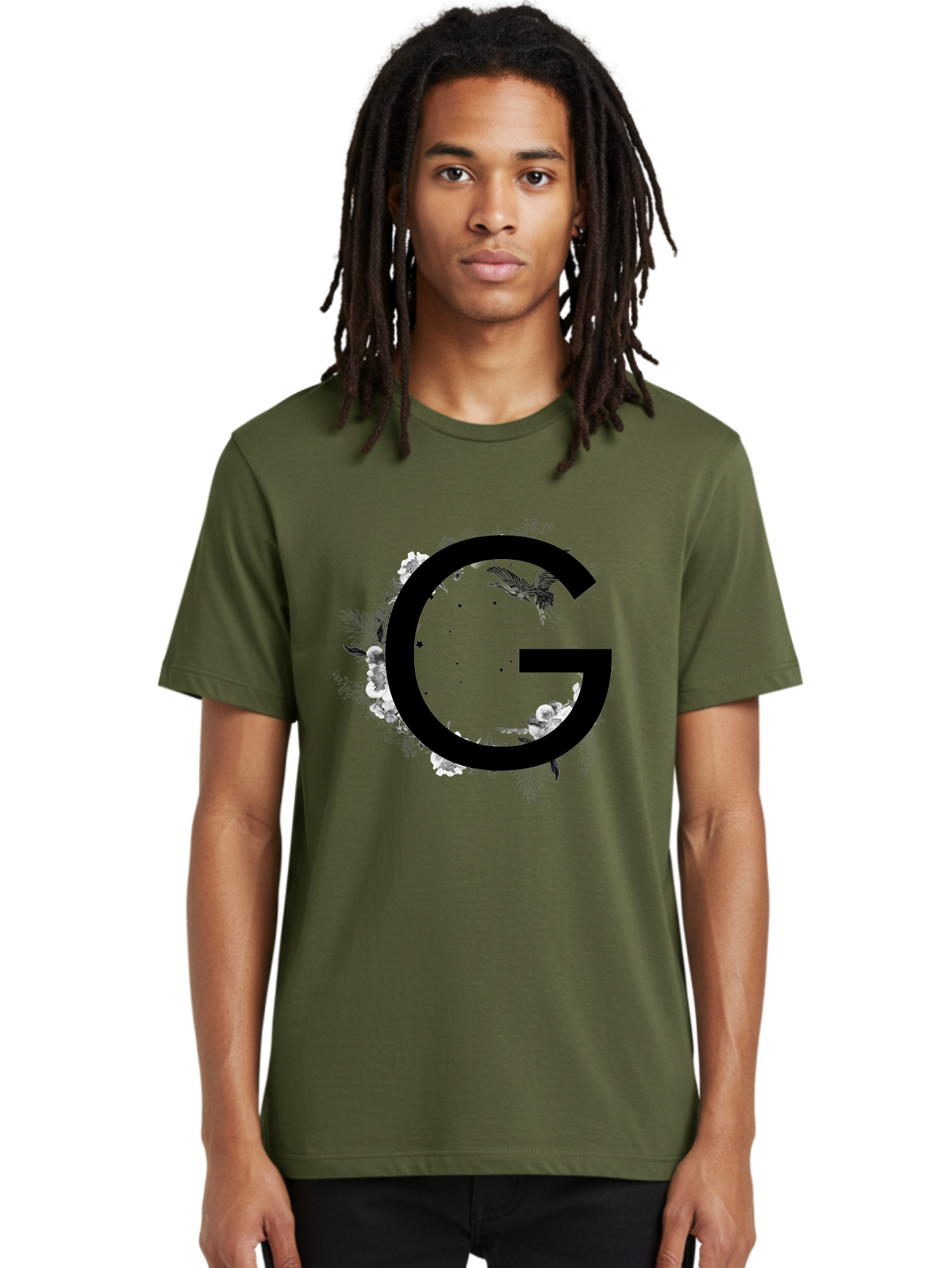 G Men'S Graphic Tee, 100% Cotton, Comfortable Casual Summer Wear, Machine Washable, Large Letter G, Floral Wreath, Black And White Flowers, Foliage, Bird In Flight, Splattered Paint, Modern Typography, Bold Font, Artistic Design, Aac318