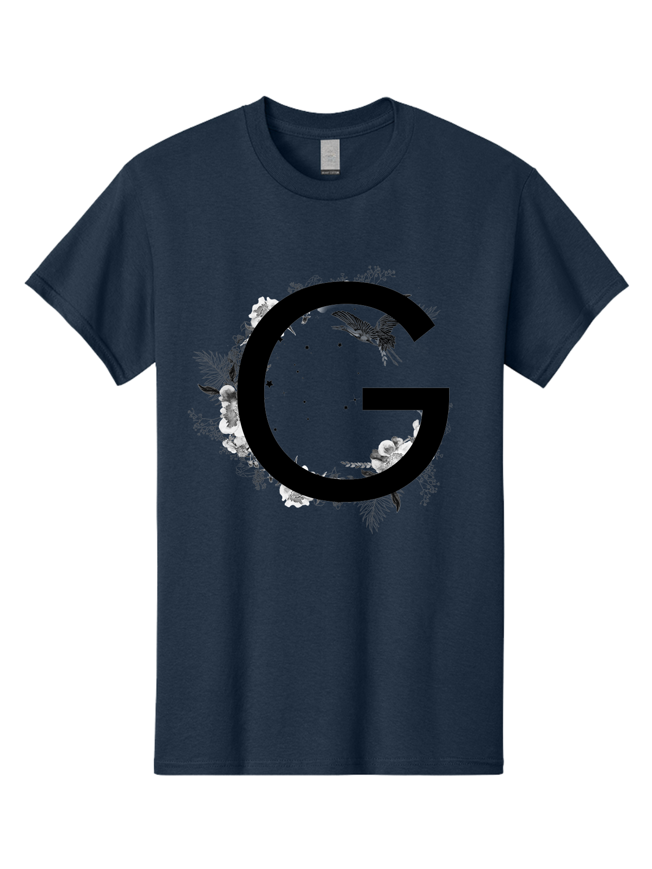 G Men'S Graphic Tee, 100% Cotton, Comfortable Casual Summer Wear, Machine Washable, Large Letter G, Floral Wreath, Black And White Flowers, Foliage, Bird In Flight, Splattered Paint, Modern Typography, Bold Font, Artistic Design, Aac318