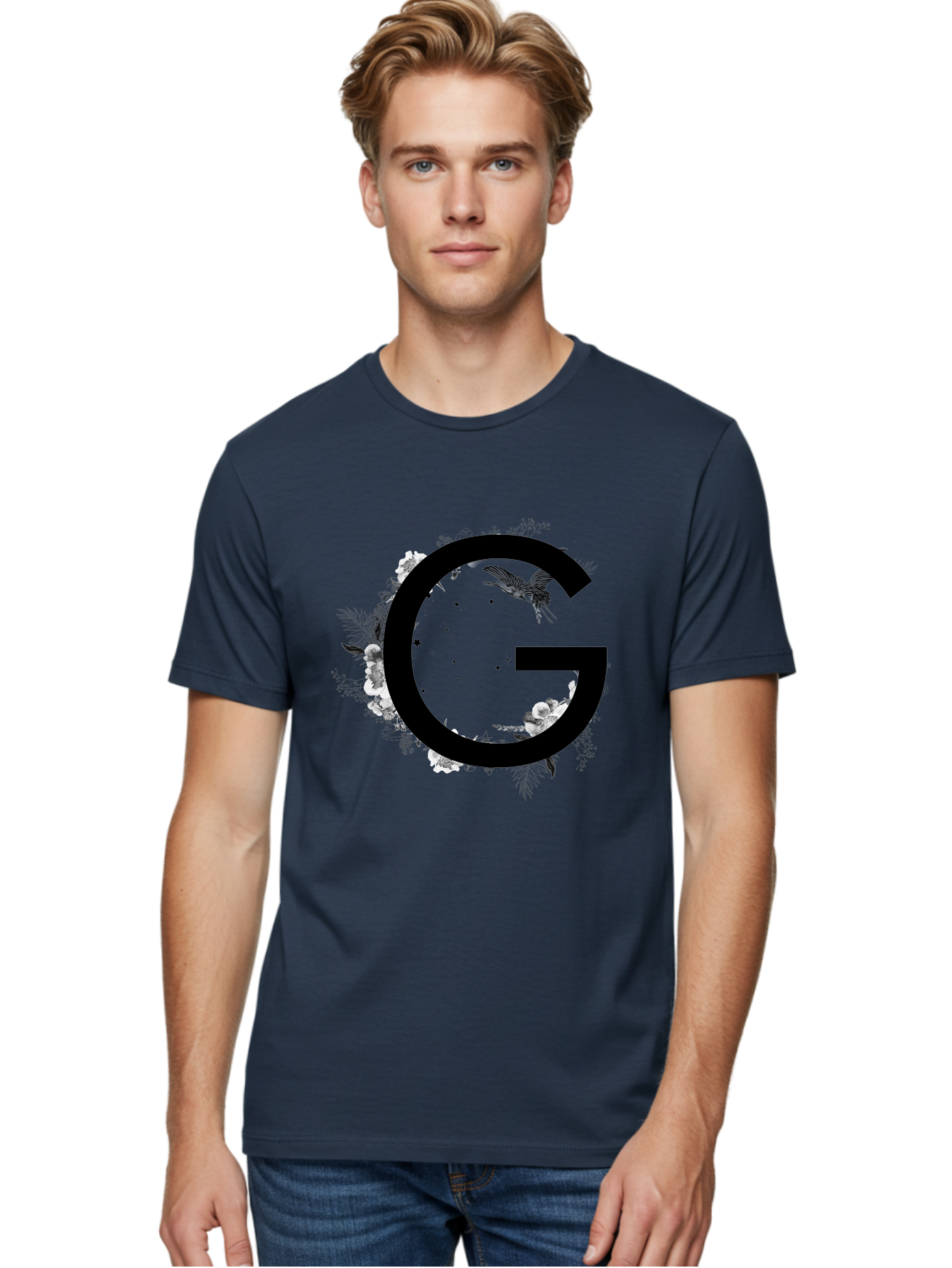 G Men'S Graphic Tee, 100% Cotton, Comfortable Casual Summer Wear, Machine Washable, Large Letter G, Floral Wreath, Black And White Flowers, Foliage, Bird In Flight, Splattered Paint, Modern Typography, Bold Font, Artistic Design, Aac318