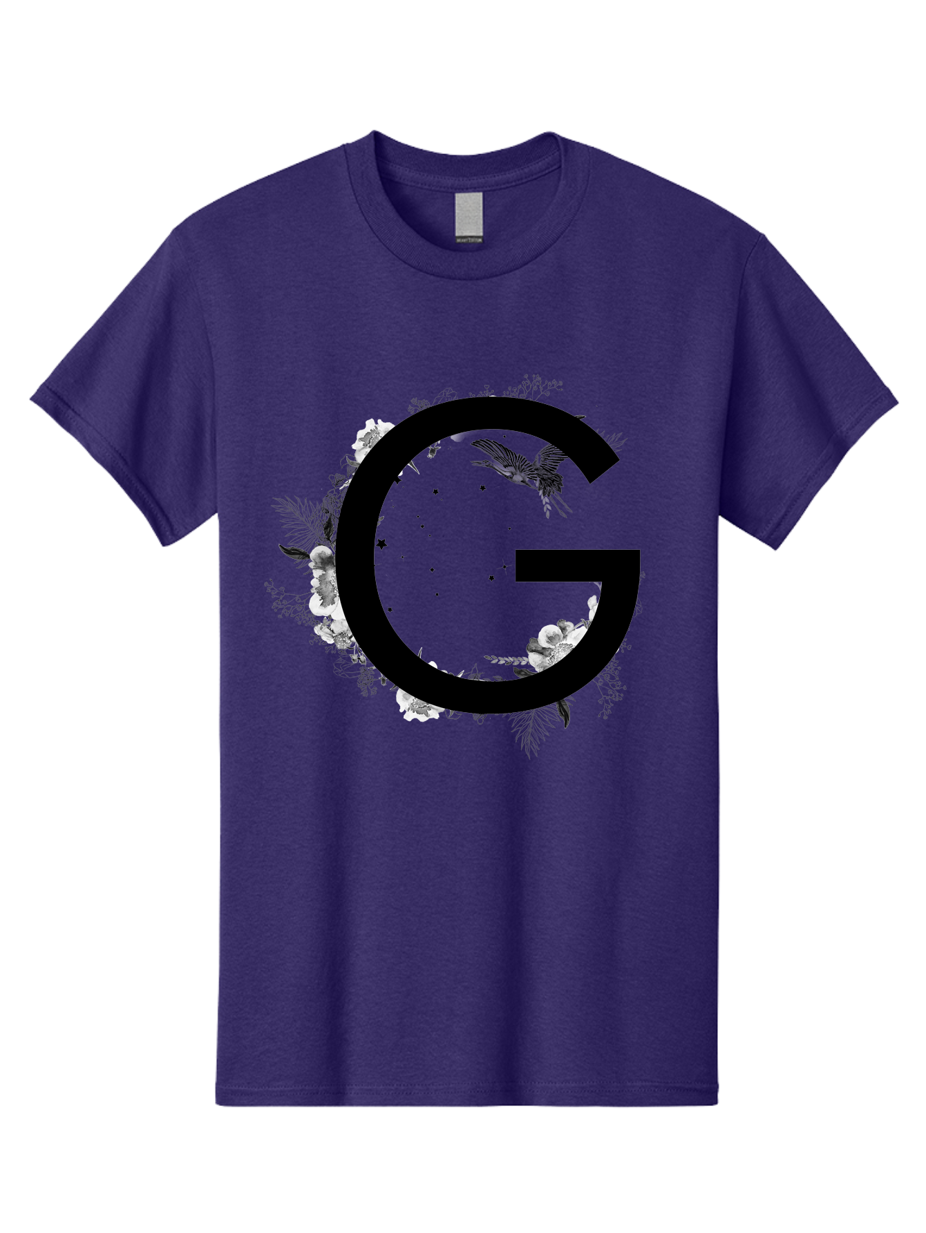 G Men'S Graphic Tee, 100% Cotton, Comfortable Casual Summer Wear, Machine Washable, Large Letter G, Floral Wreath, Black And White Flowers, Foliage, Bird In Flight, Splattered Paint, Modern Typography, Bold Font, Artistic Design, Aac318