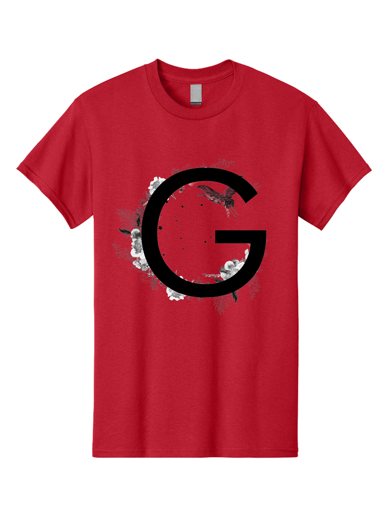 G Men'S Graphic Tee, 100% Cotton, Comfortable Casual Summer Wear, Machine Washable, Large Letter G, Floral Wreath, Black And White Flowers, Foliage, Bird In Flight, Splattered Paint, Modern Typography, Bold Font, Artistic Design, Aac318