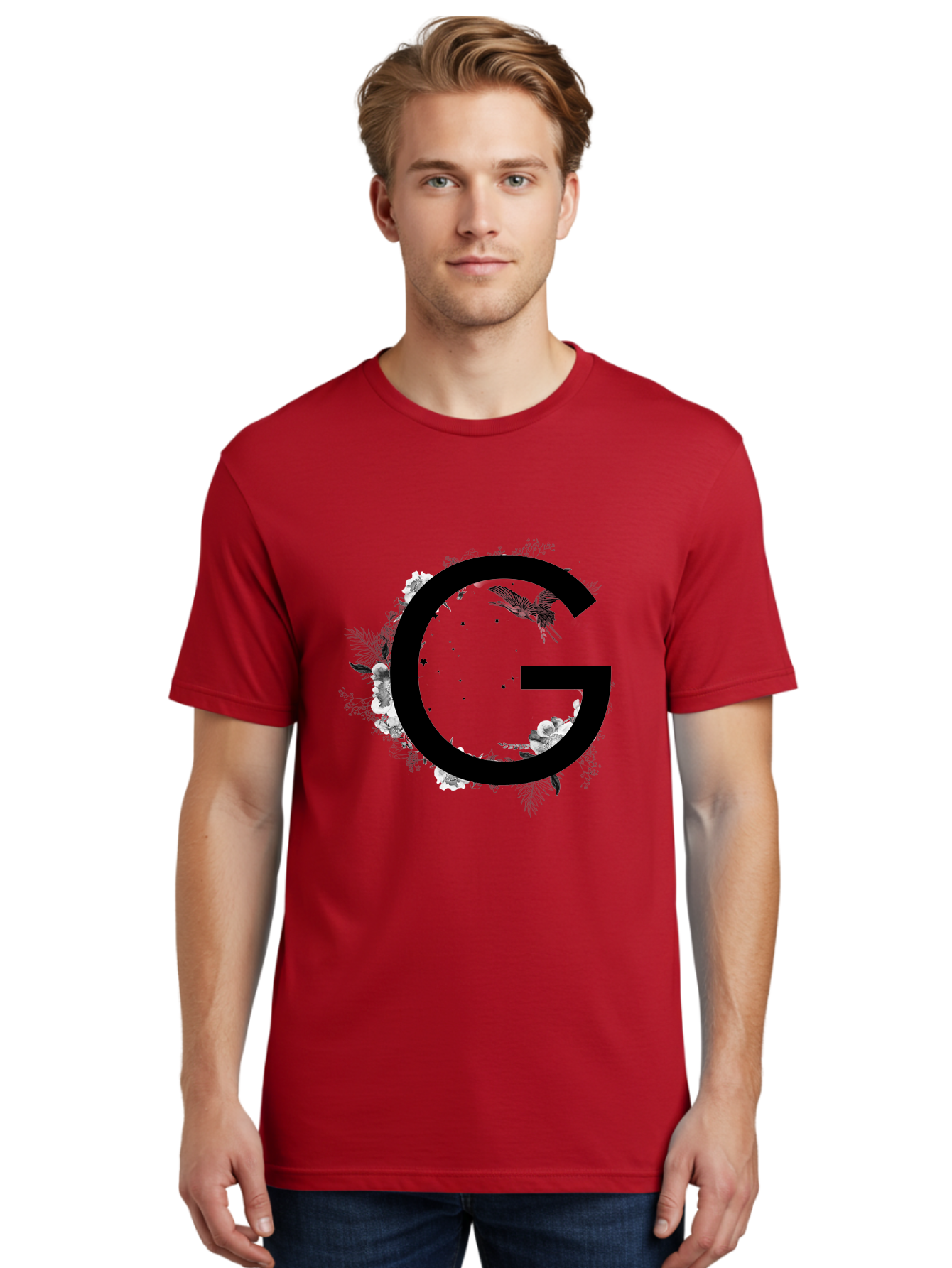 G Men'S Graphic Tee, 100% Cotton, Comfortable Casual Summer Wear, Machine Washable, Large Letter G, Floral Wreath, Black And White Flowers, Foliage, Bird In Flight, Splattered Paint, Modern Typography, Bold Font, Artistic Design, Aac318