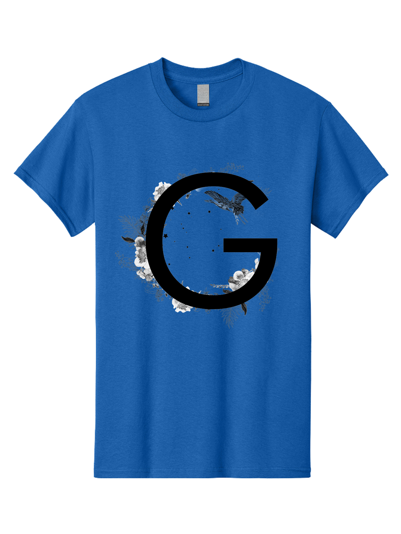 G Men'S Graphic Tee, 100% Cotton, Comfortable Casual Summer Wear, Machine Washable, Large Letter G, Floral Wreath, Black And White Flowers, Foliage, Bird In Flight, Splattered Paint, Modern Typography, Bold Font, Artistic Design, Aac318