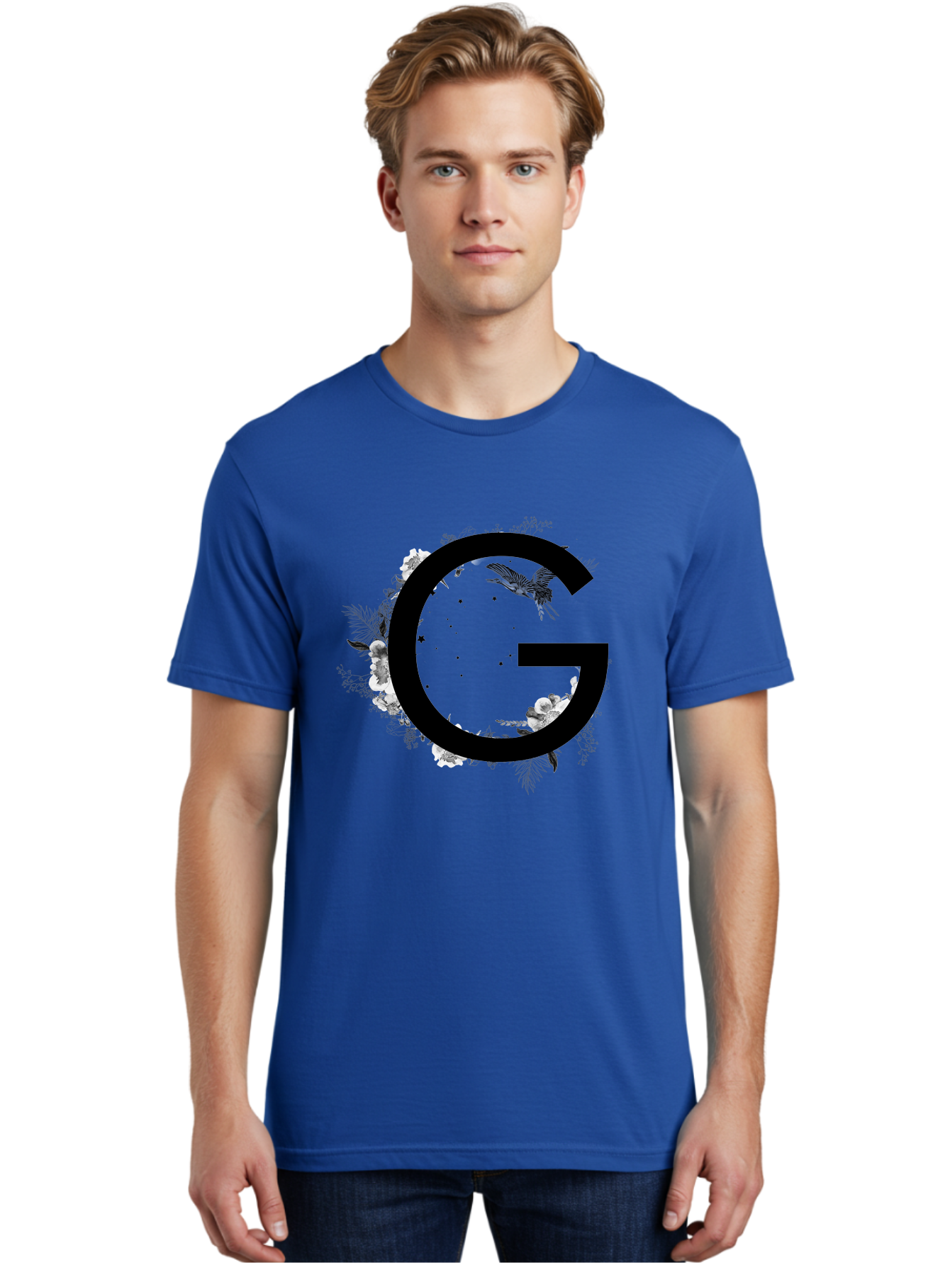 G Men'S Graphic Tee, 100% Cotton, Comfortable Casual Summer Wear, Machine Washable, Large Letter G, Floral Wreath, Black And White Flowers, Foliage, Bird In Flight, Splattered Paint, Modern Typography, Bold Font, Artistic Design, Aac318