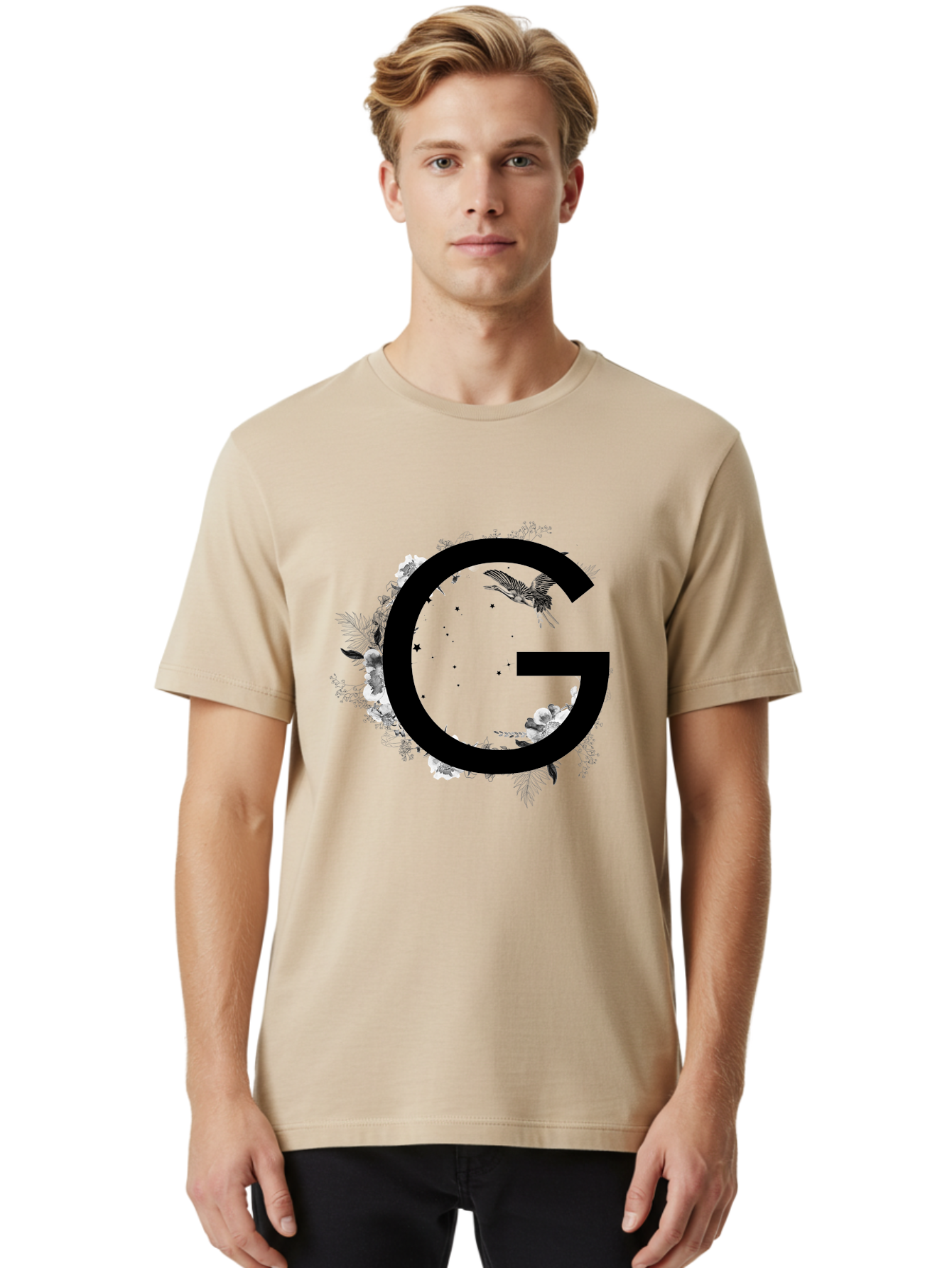 G Men'S Graphic Tee, 100% Cotton, Comfortable Casual Summer Wear, Machine Washable, Large Letter G, Floral Wreath, Black And White Flowers, Foliage, Bird In Flight, Splattered Paint, Modern Typography, Bold Font, Artistic Design, Aac318