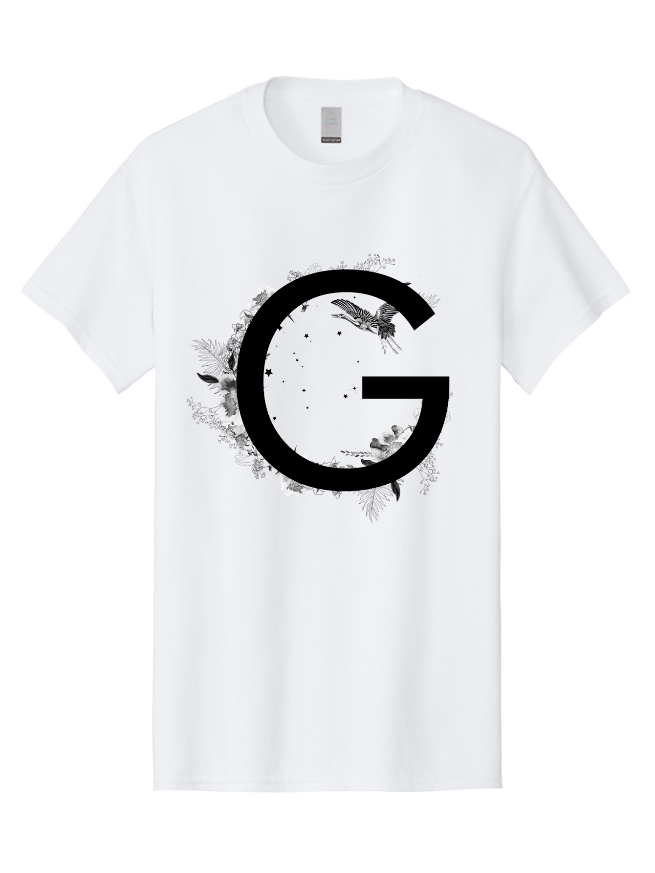 G Men'S Graphic Tee, 100% Cotton, Comfortable Casual Summer Wear, Machine Washable, Large Letter G, Floral Wreath, Black And White Flowers, Foliage, Bird In Flight, Splattered Paint, Modern Typography, Bold Font, Artistic Design, Aac318
