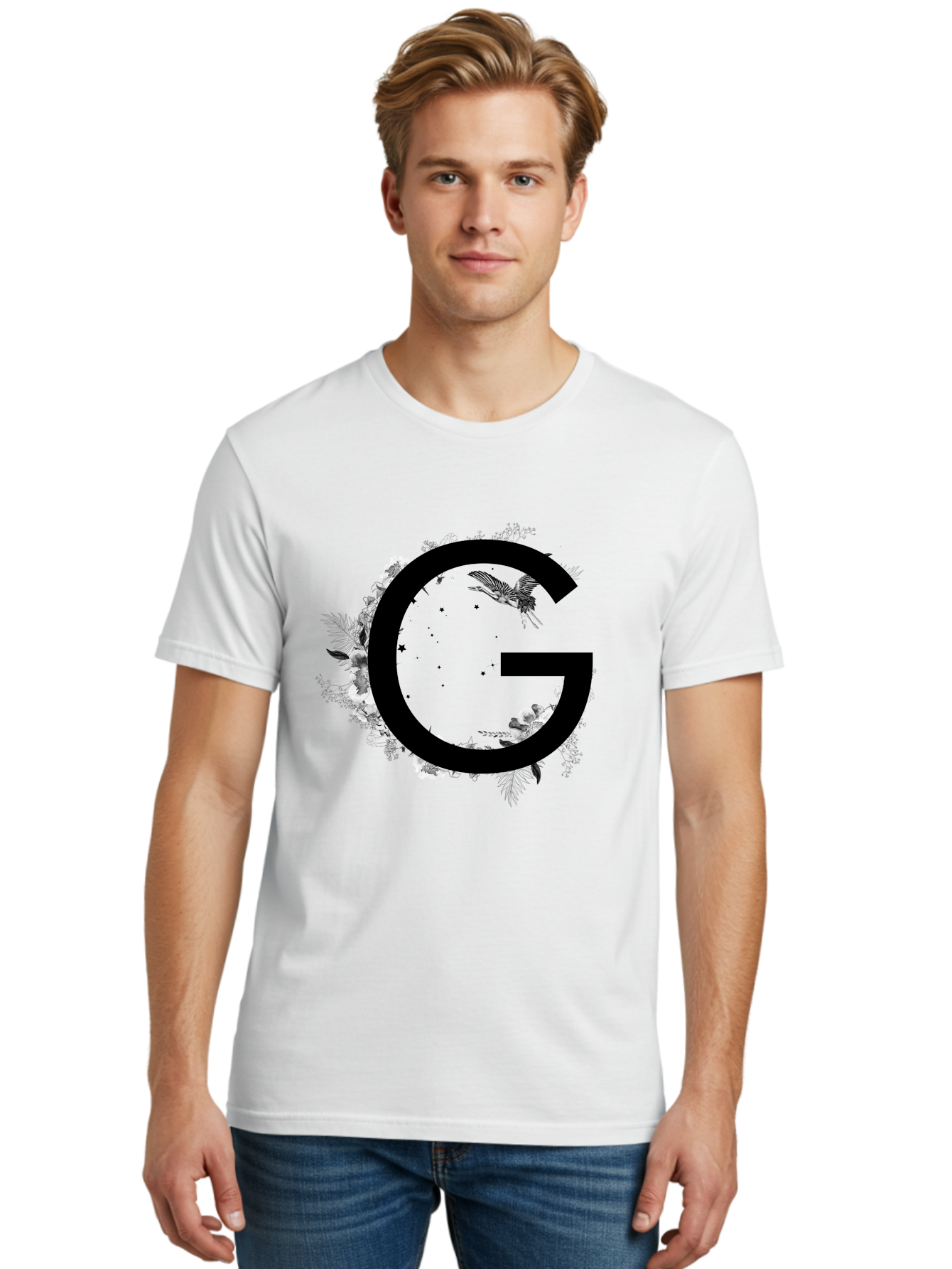 G Men'S Graphic Tee, 100% Cotton, Comfortable Casual Summer Wear, Machine Washable, Large Letter G, Floral Wreath, Black And White Flowers, Foliage, Bird In Flight, Splattered Paint, Modern Typography, Bold Font, Artistic Design, Aac318